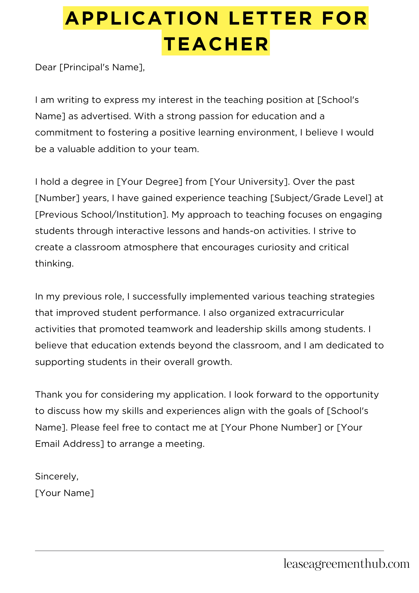 Application Letter For Teacher