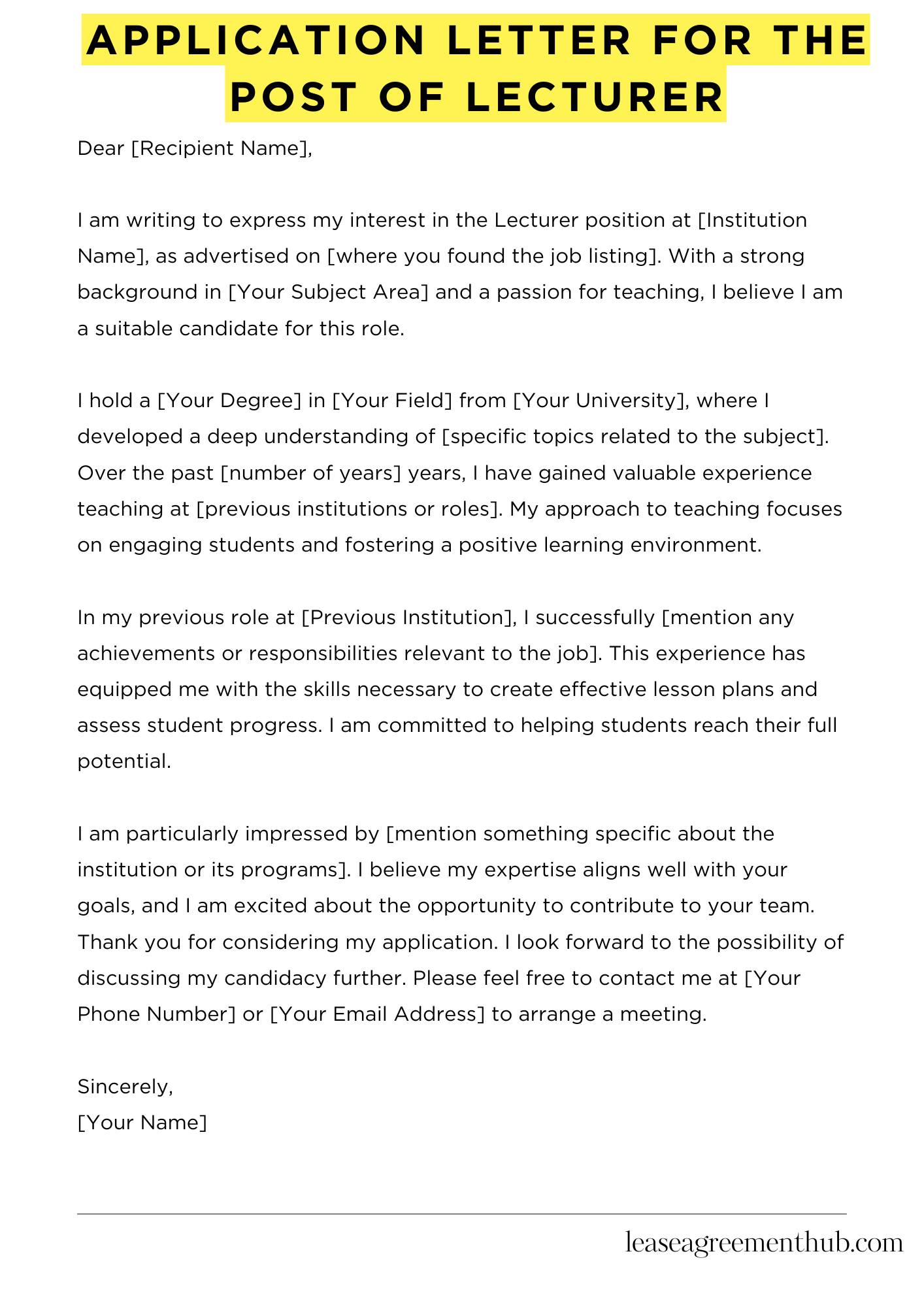 Application Letter For The Post Of Lecturer