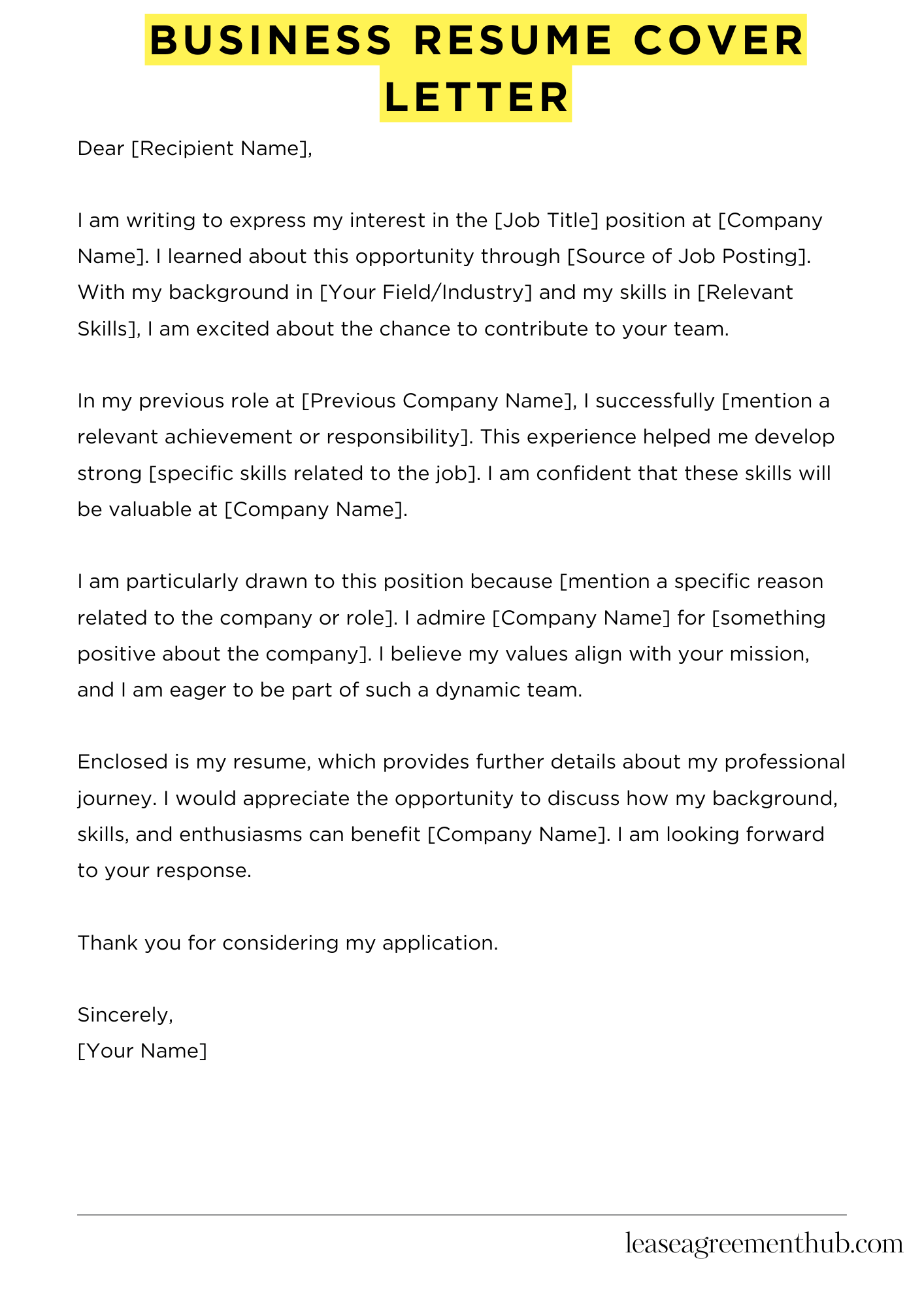 Business Resume Cover Letter