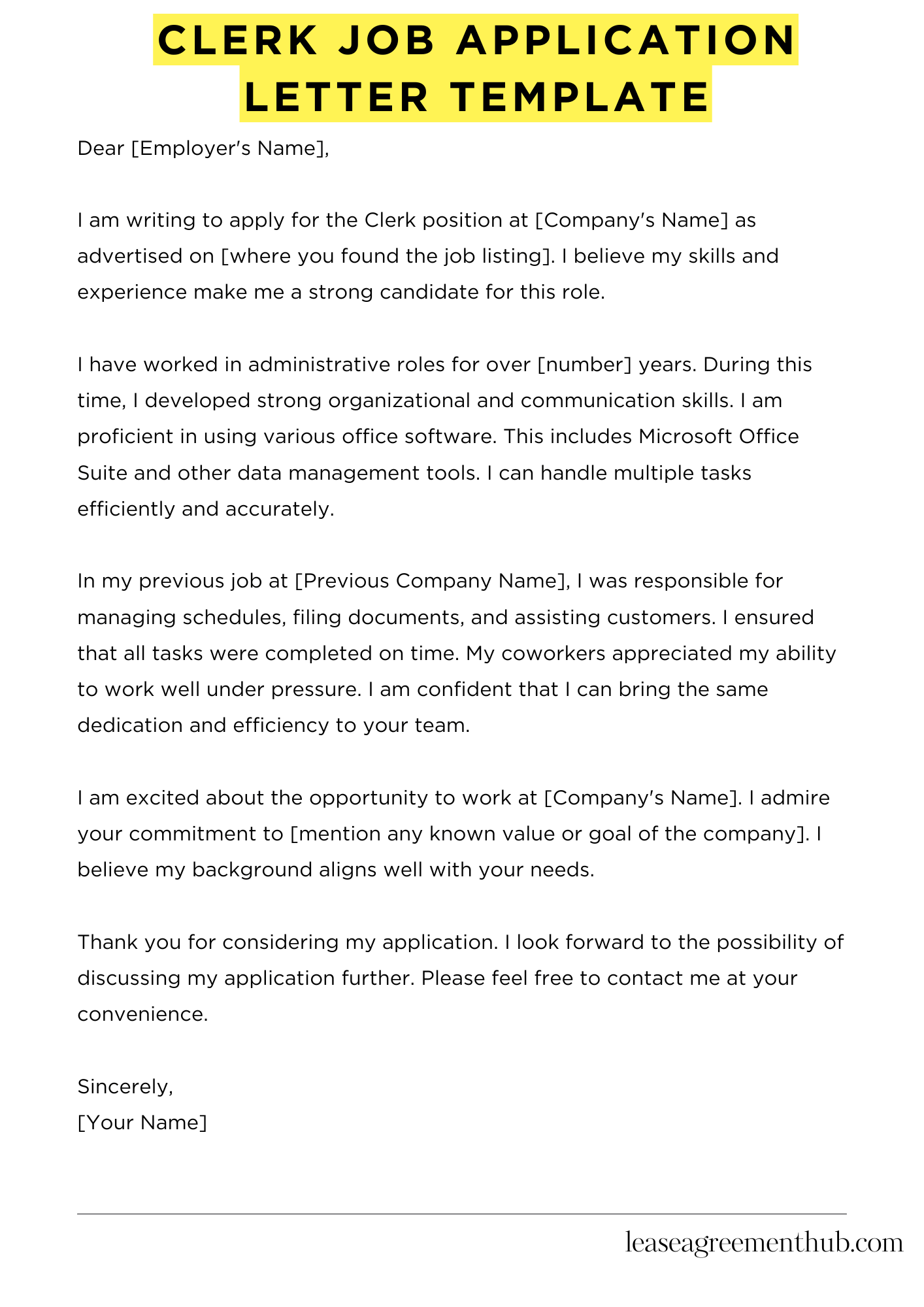 Clerk Job Application Letter Template