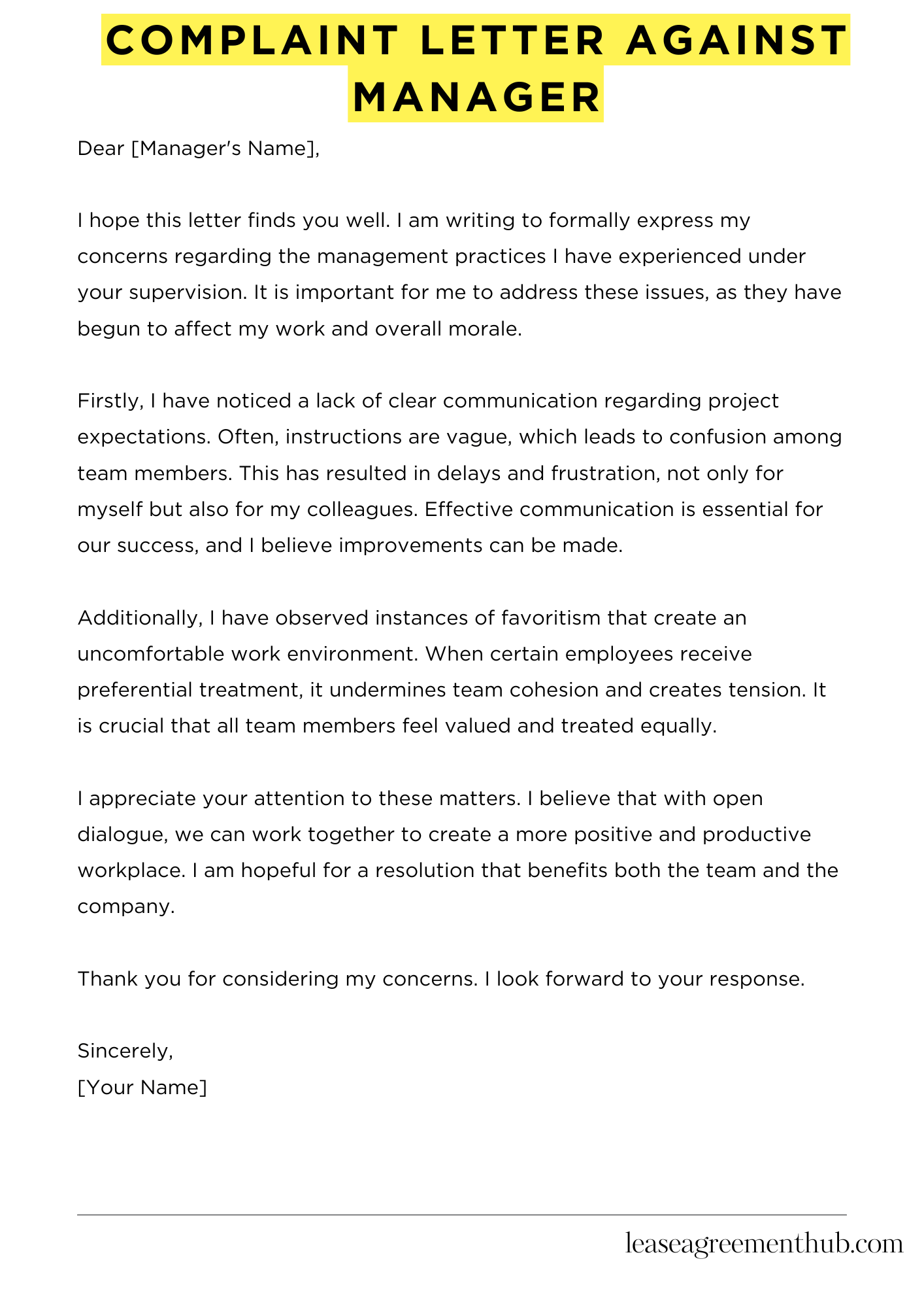 Complaint Letter Against Manager