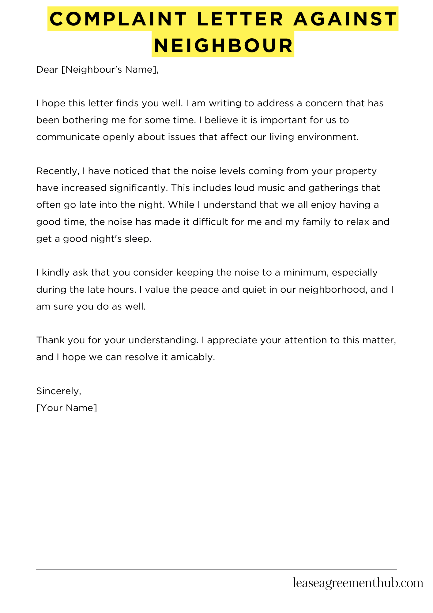 Complaint Letter Against Neighbour