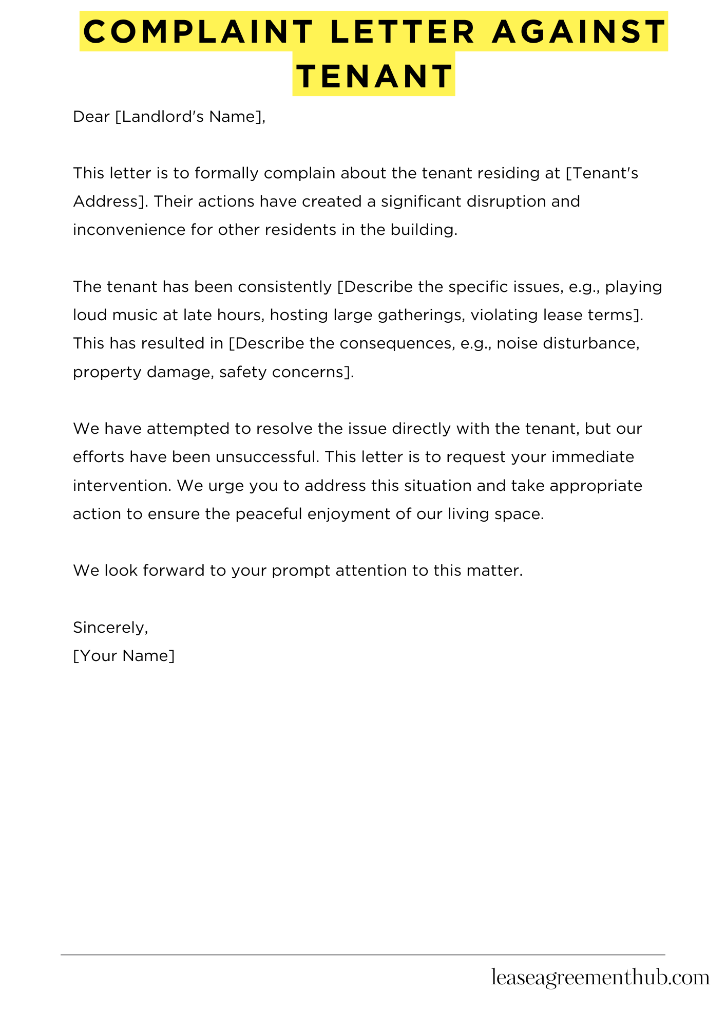 Complaint Letter Against Tenant