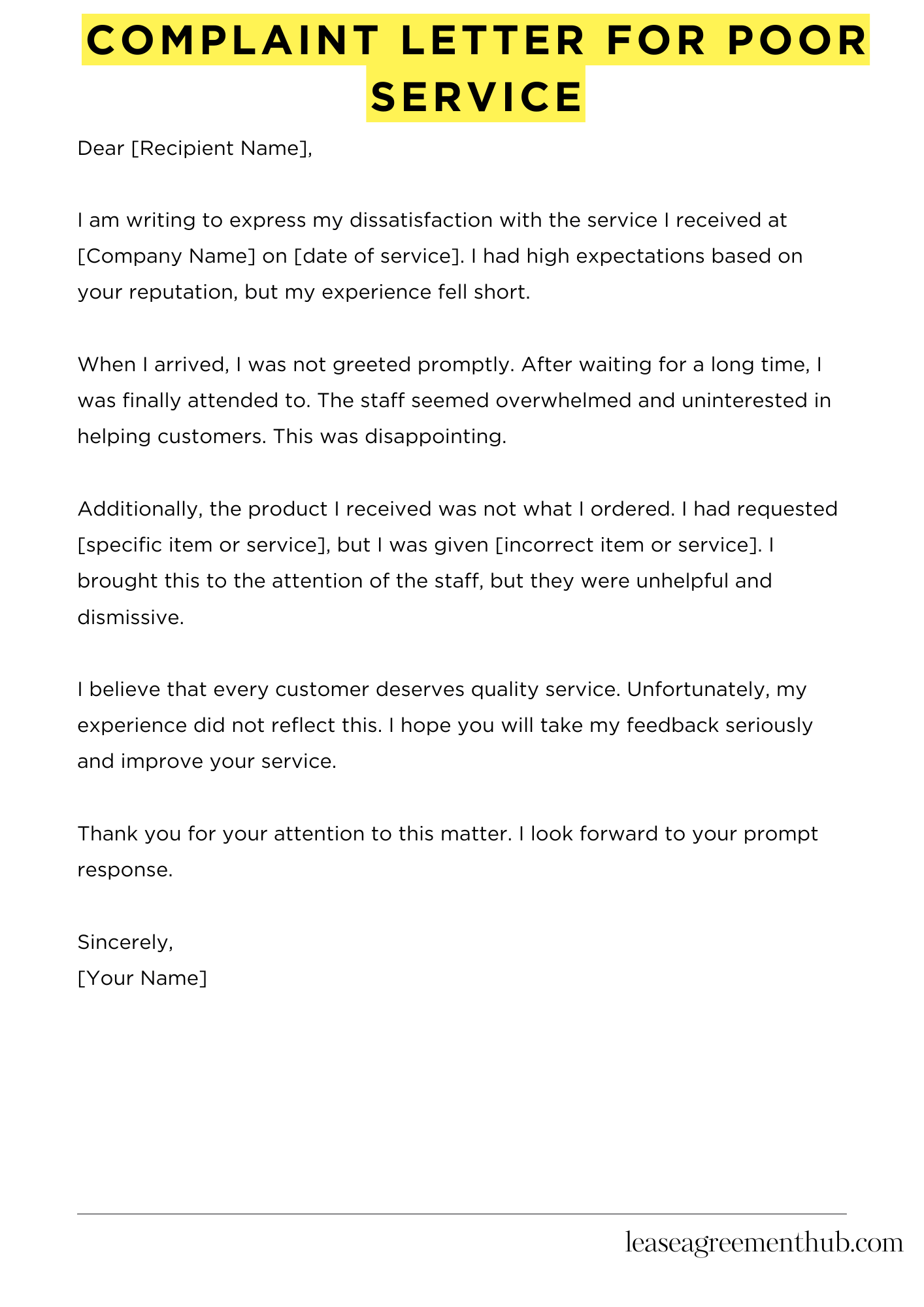 Complaint Letter For Poor Service