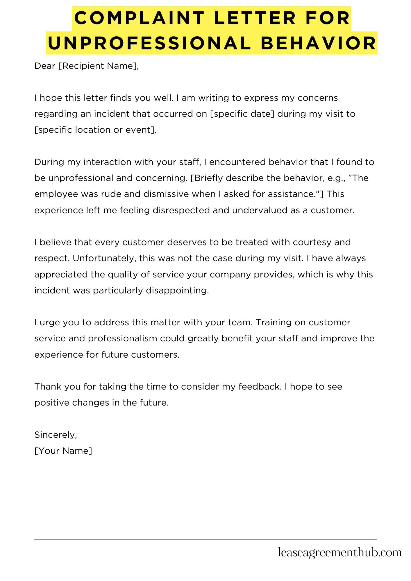 Complaint Letter For Unprofessional Behavior