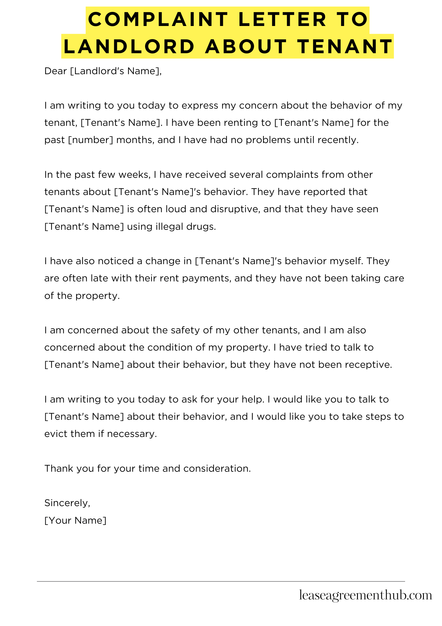 Complaint Letter To Landlord About Tenant