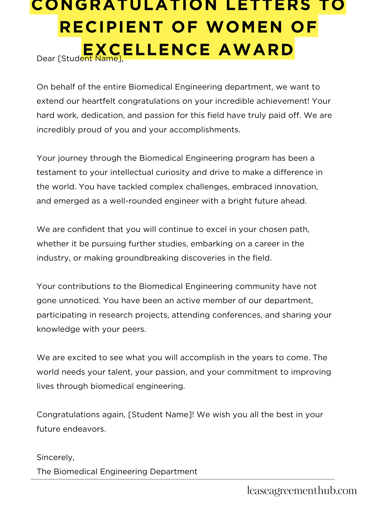 Congratulation Letters To Recipient Of Women Of Excellence Award