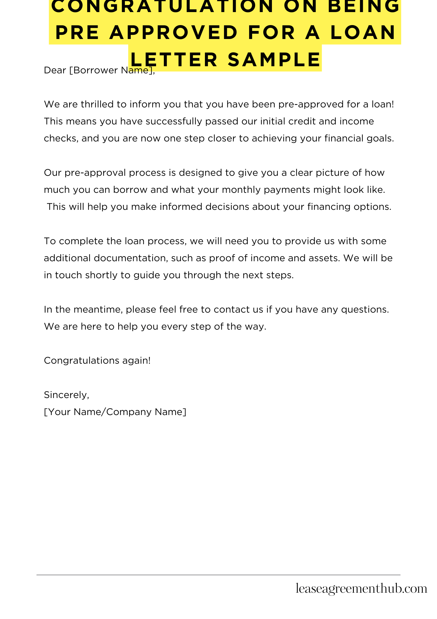 Congratulation On Being Pre Approved For A Loan Letter Sample