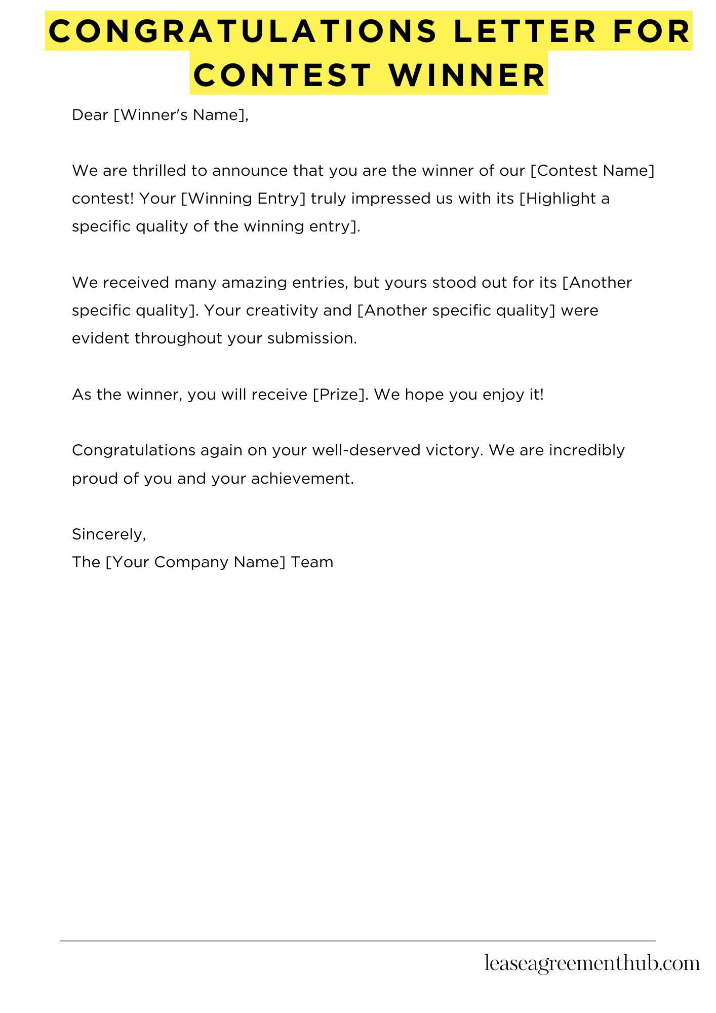 Congratulations Letter For Contest Winner