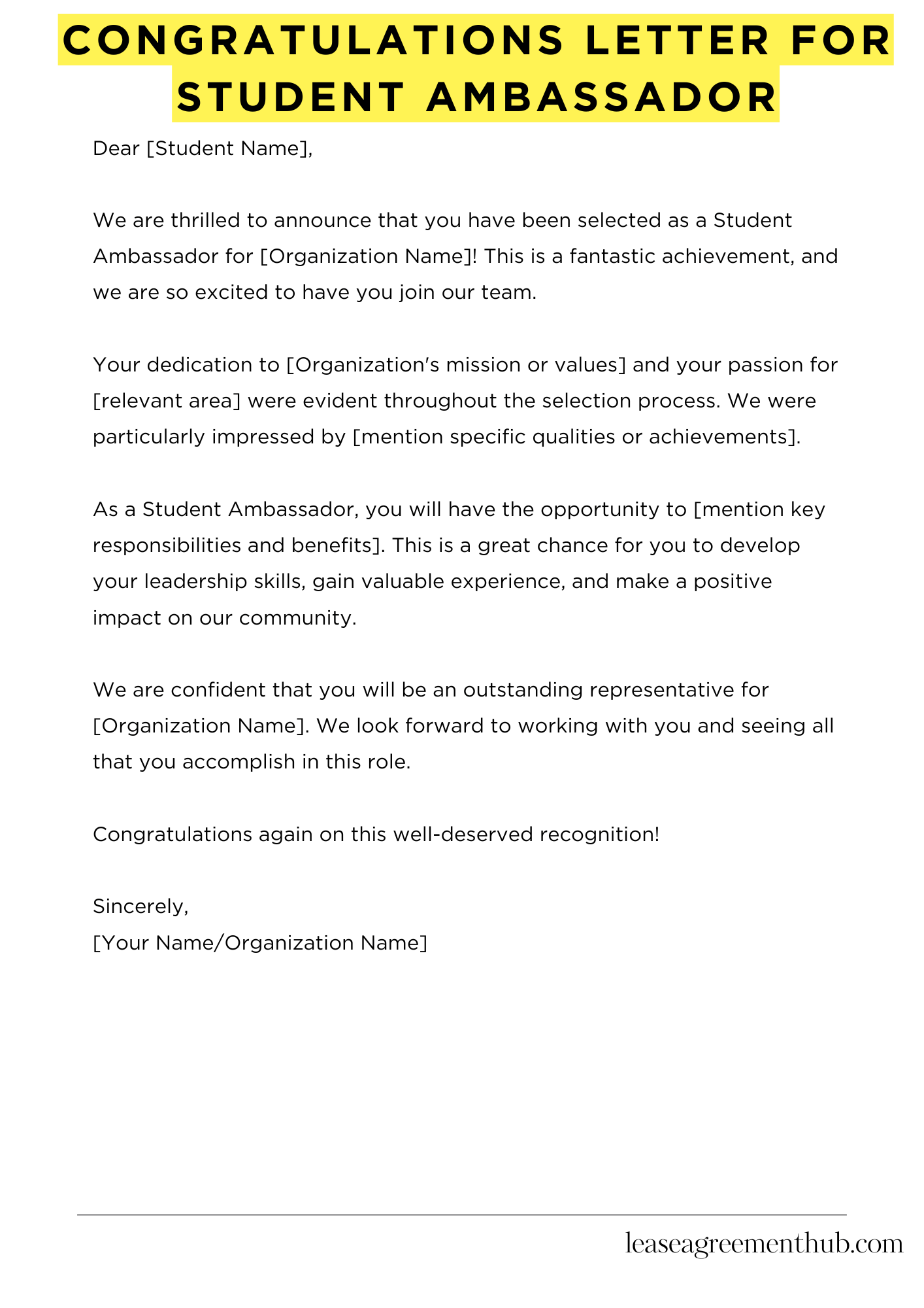 Congratulations Letter For Student Ambassador