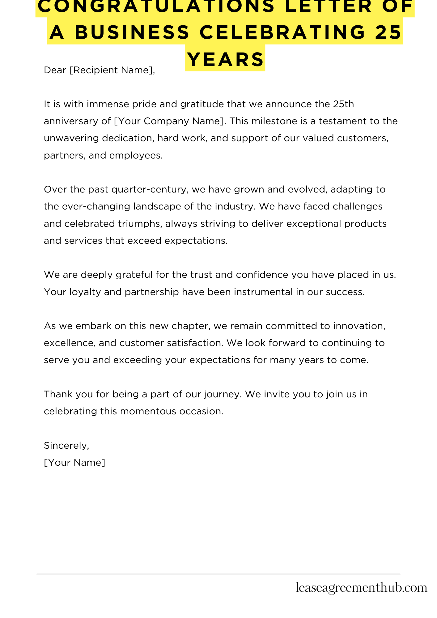 Congratulations Letter Of A Business Celebrating 25 Years