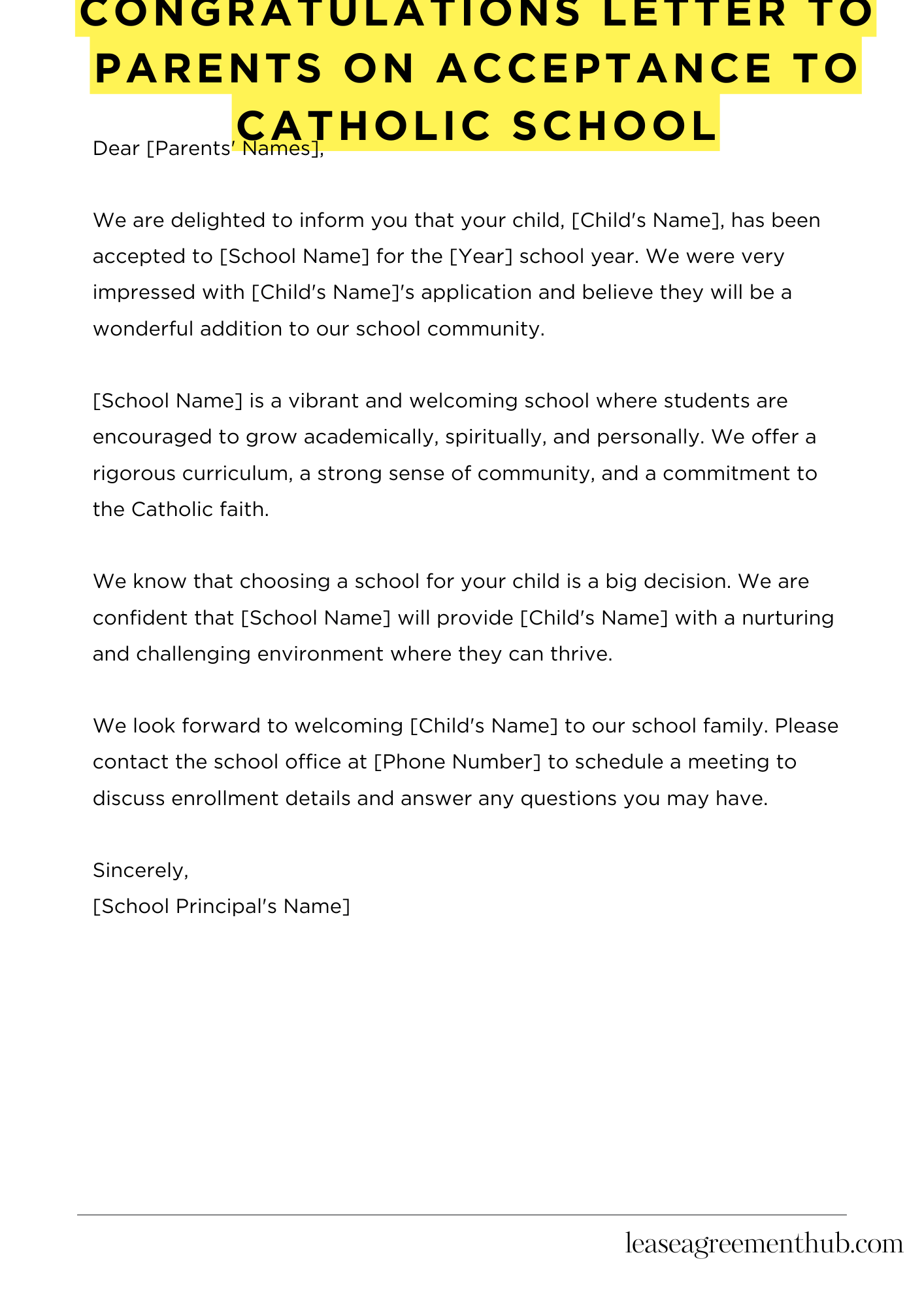 Congratulations Letter To Parents On Acceptance To Catholic School
