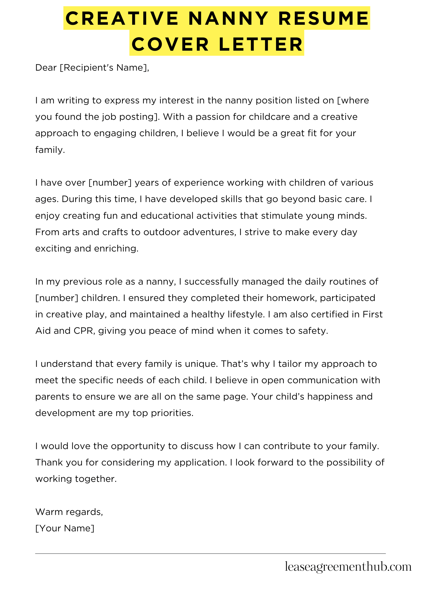 Creative Nanny Resume Cover Letter