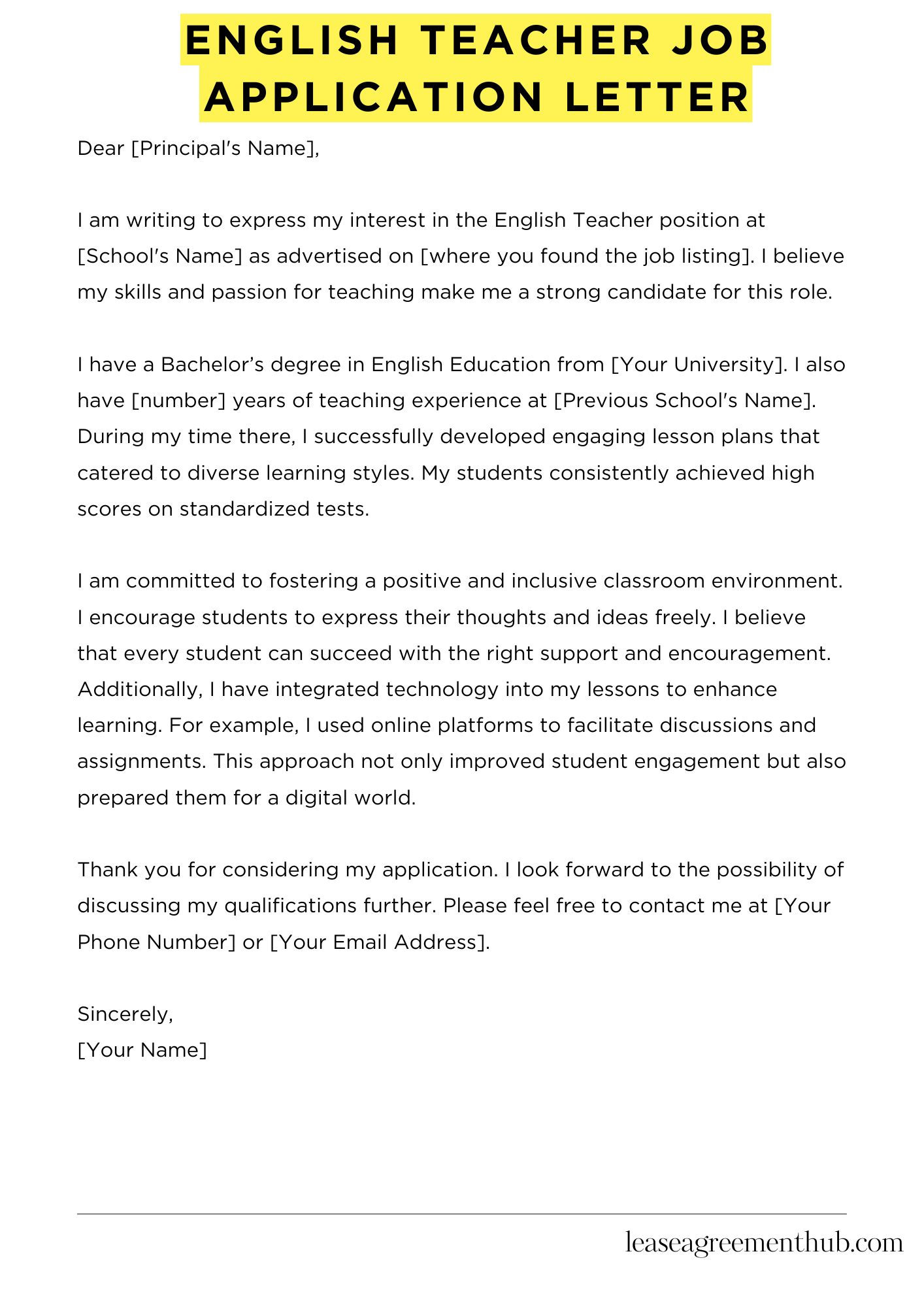English Teacher Job Application Letter