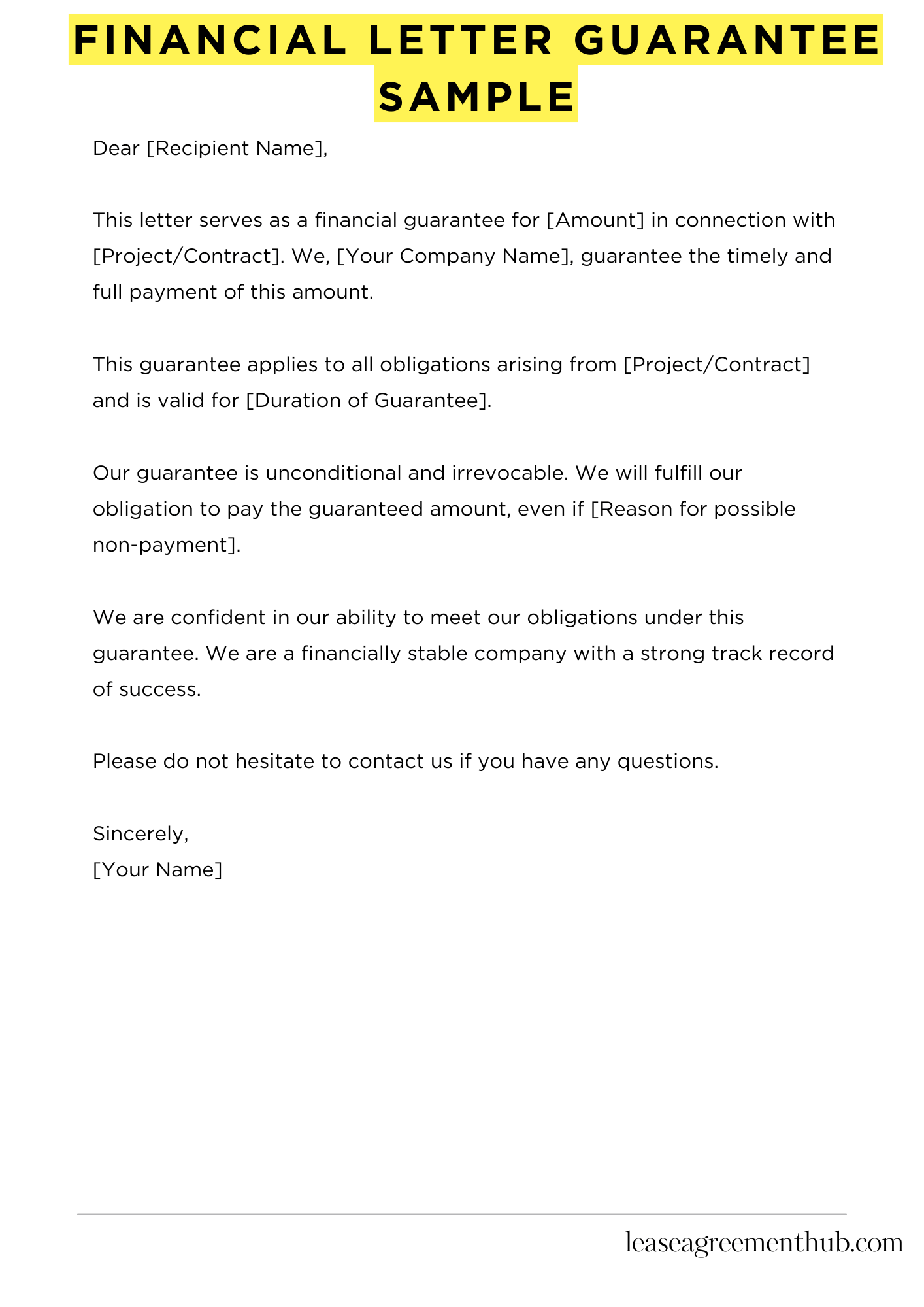 Financial Letter Guarantee Sample