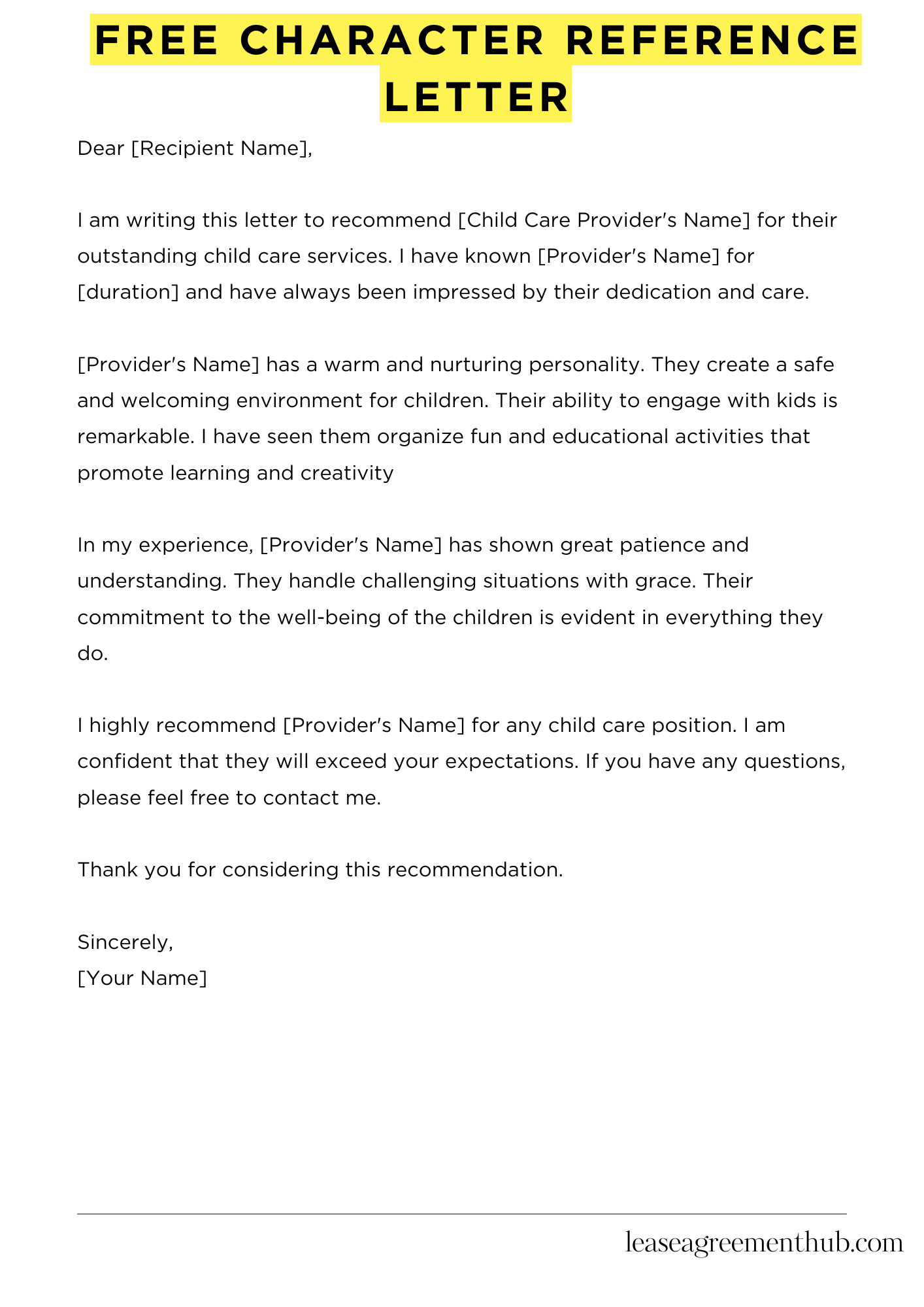 Free Character Reference Letter
