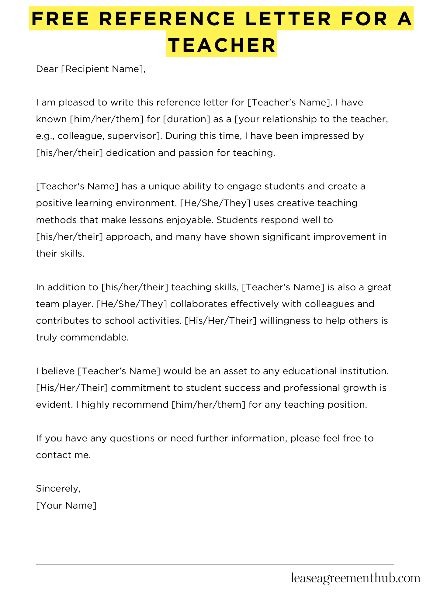 Free Reference Letter For A Teacher