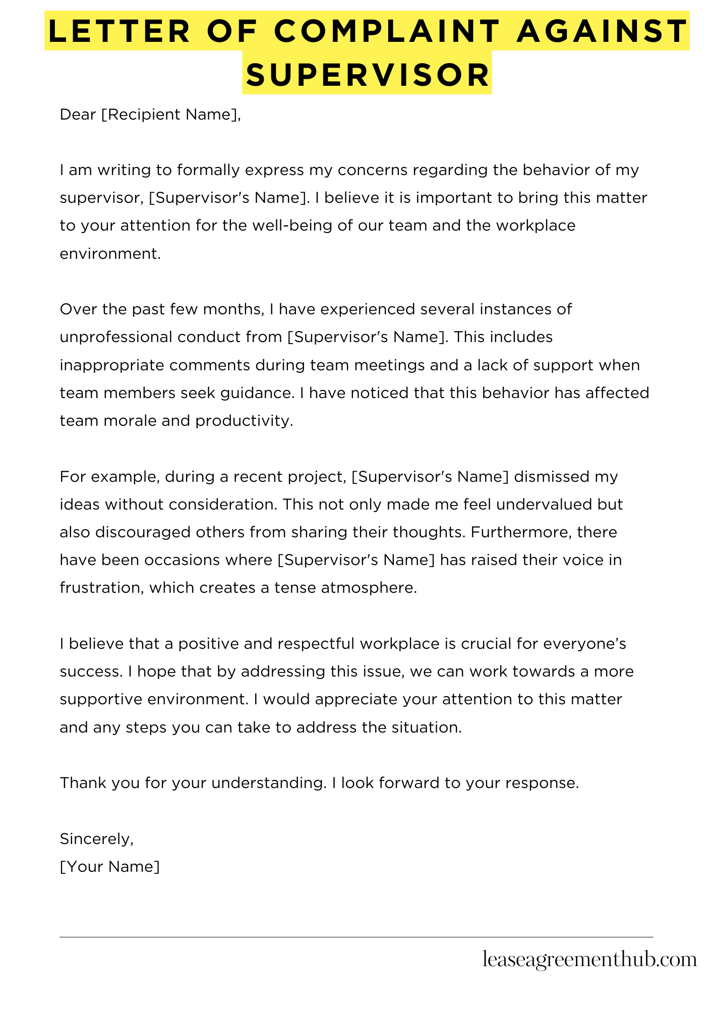 Letter Of Complaint Against Supervisor