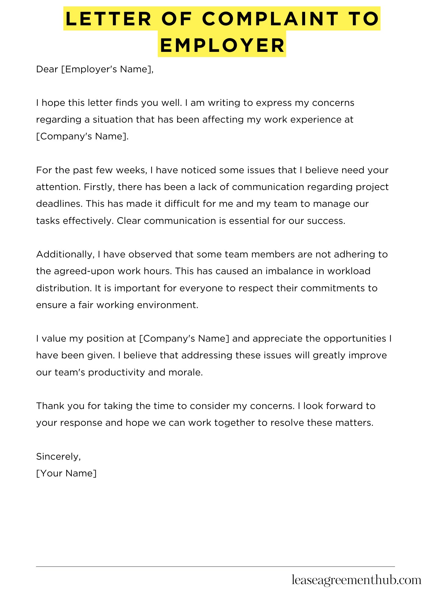 Letter Of Complaint To Employer