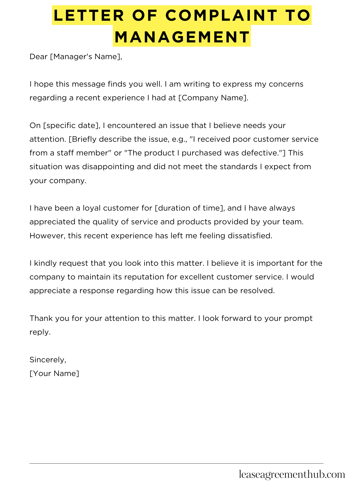 Letter Of Complaint To Management