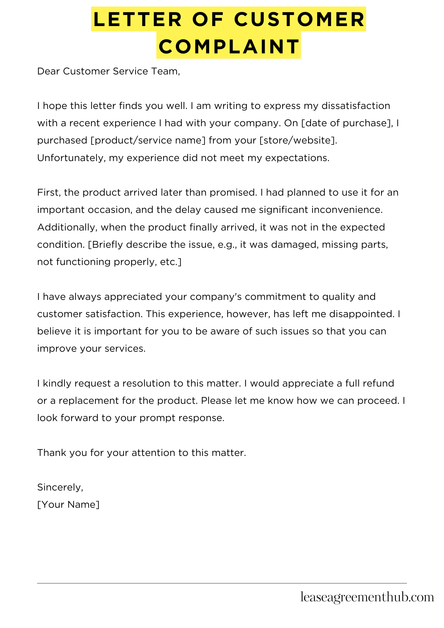 Letter Of Customer Complaint
