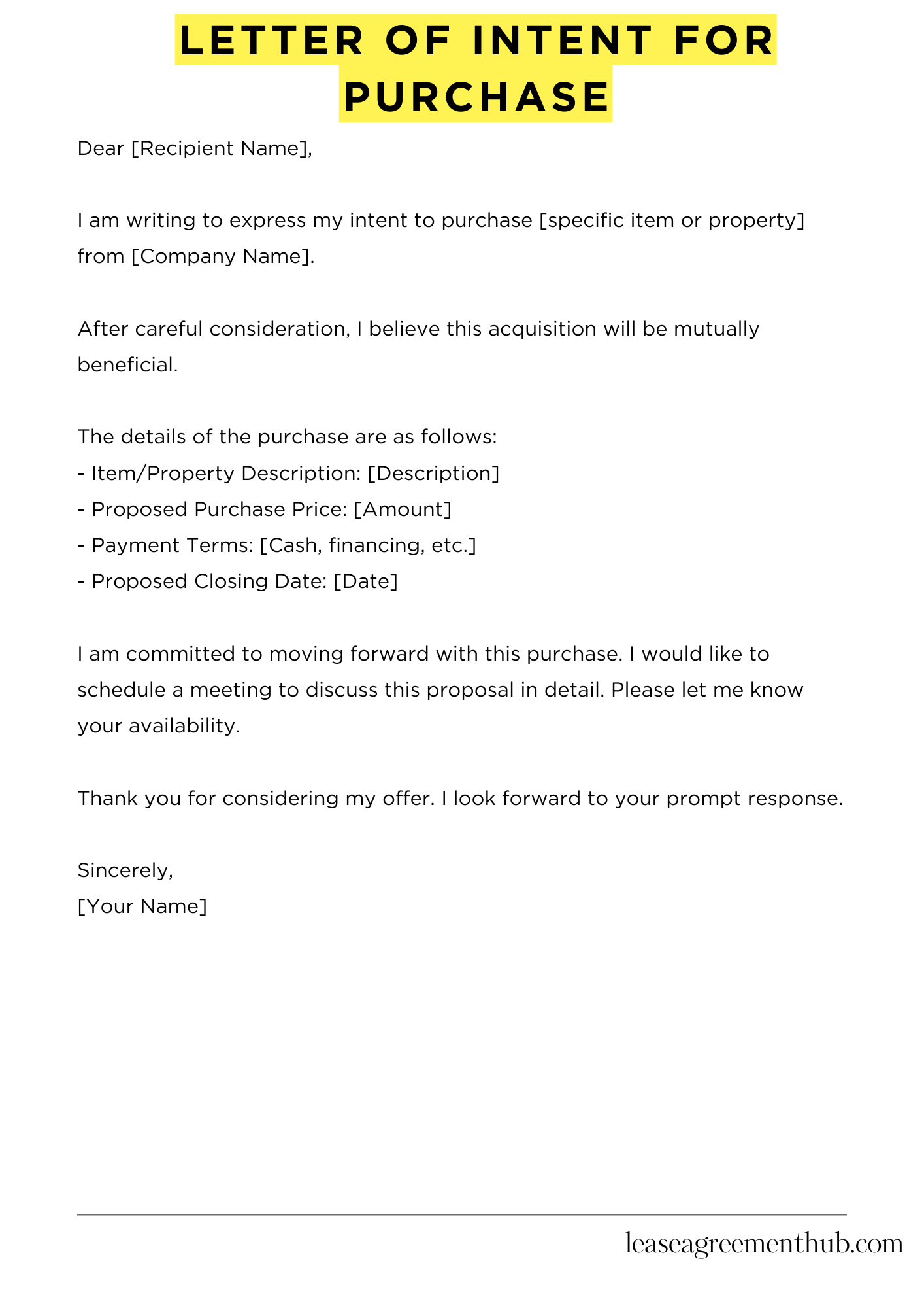 Letter Of Intent For Purchase