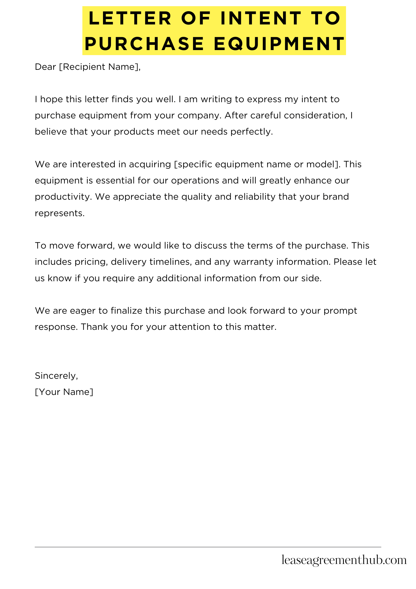 Letter Of Intent To Purchase Equipment