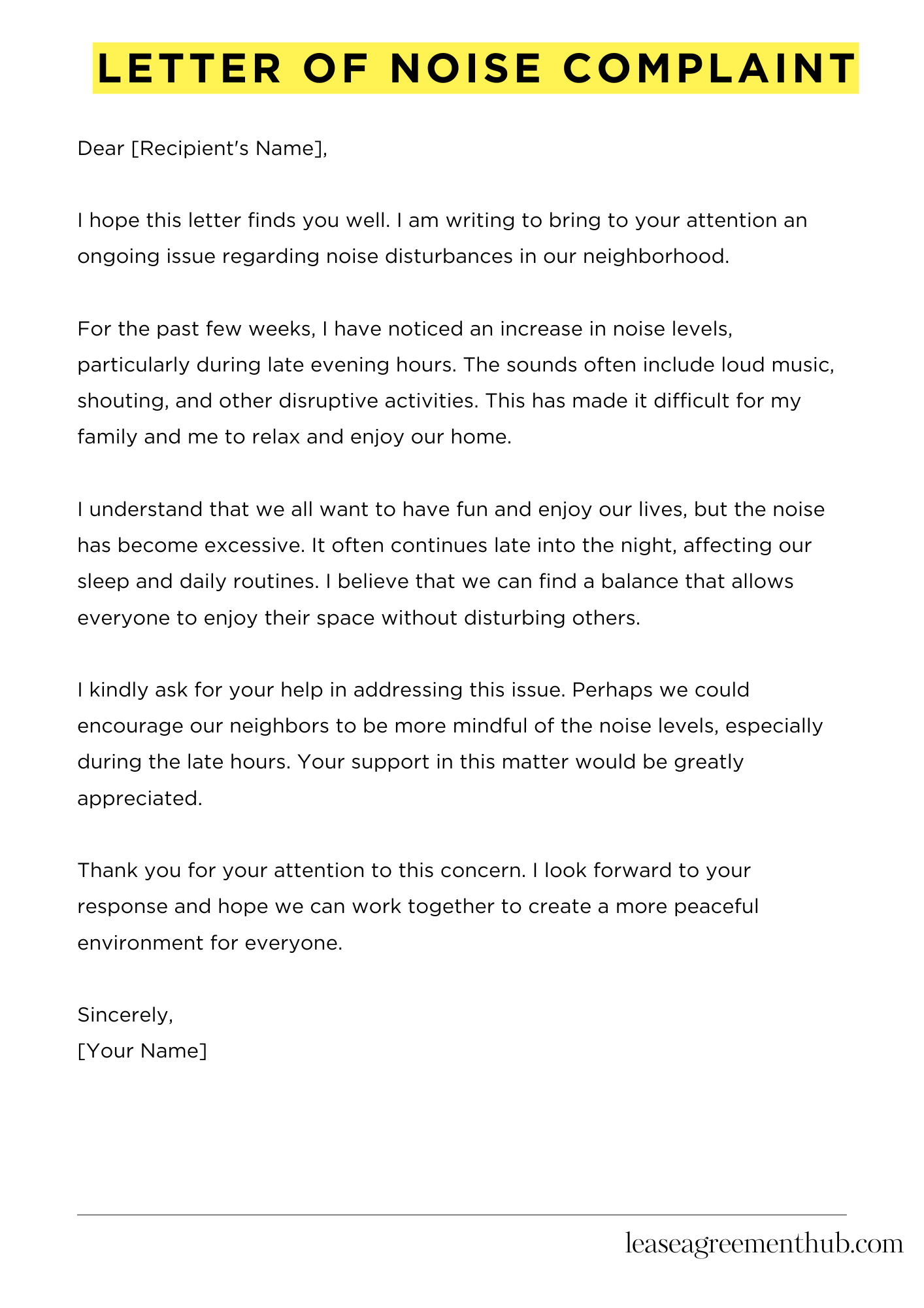 Letter Of Noise Complaint