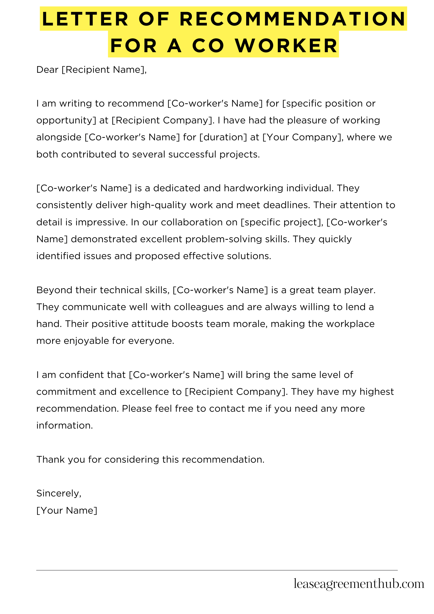 Letter Of Recommendation For A Co Worker