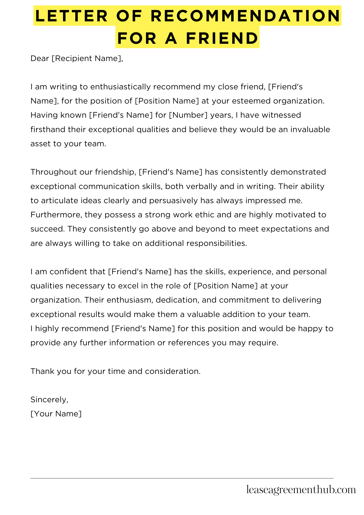 Letter Of Recommendation For A Friend