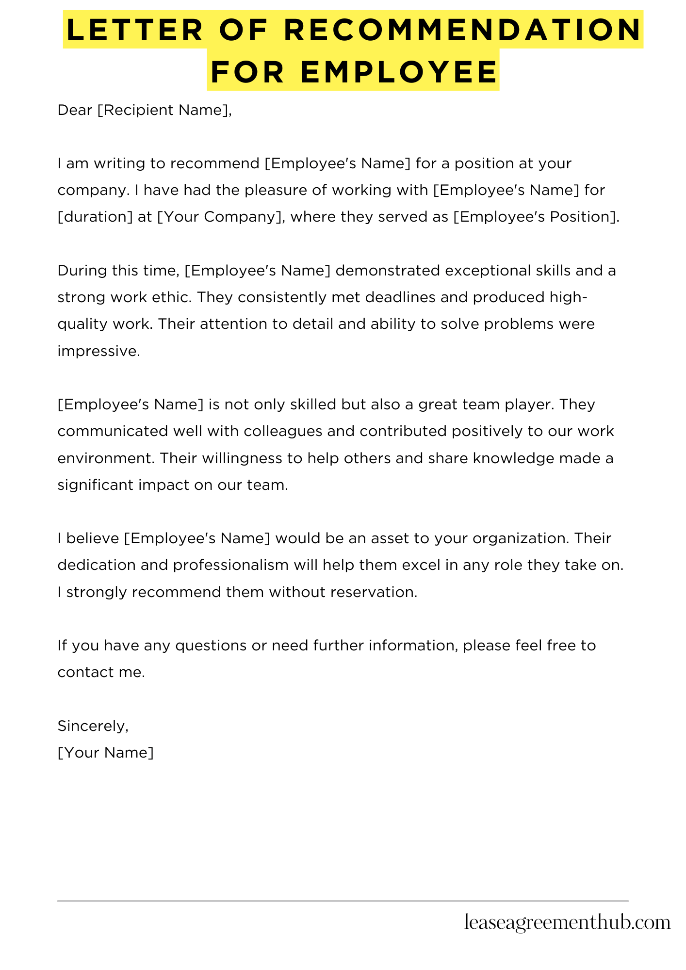 Letter Of Recommendation For Employee