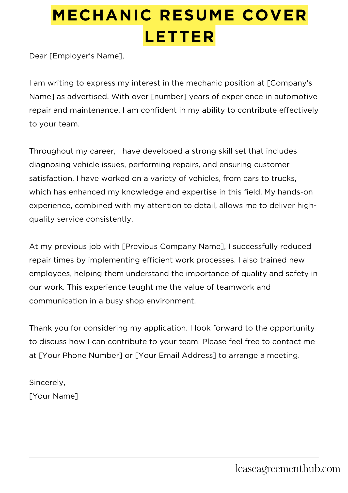 Mechanic Resume Cover Letter