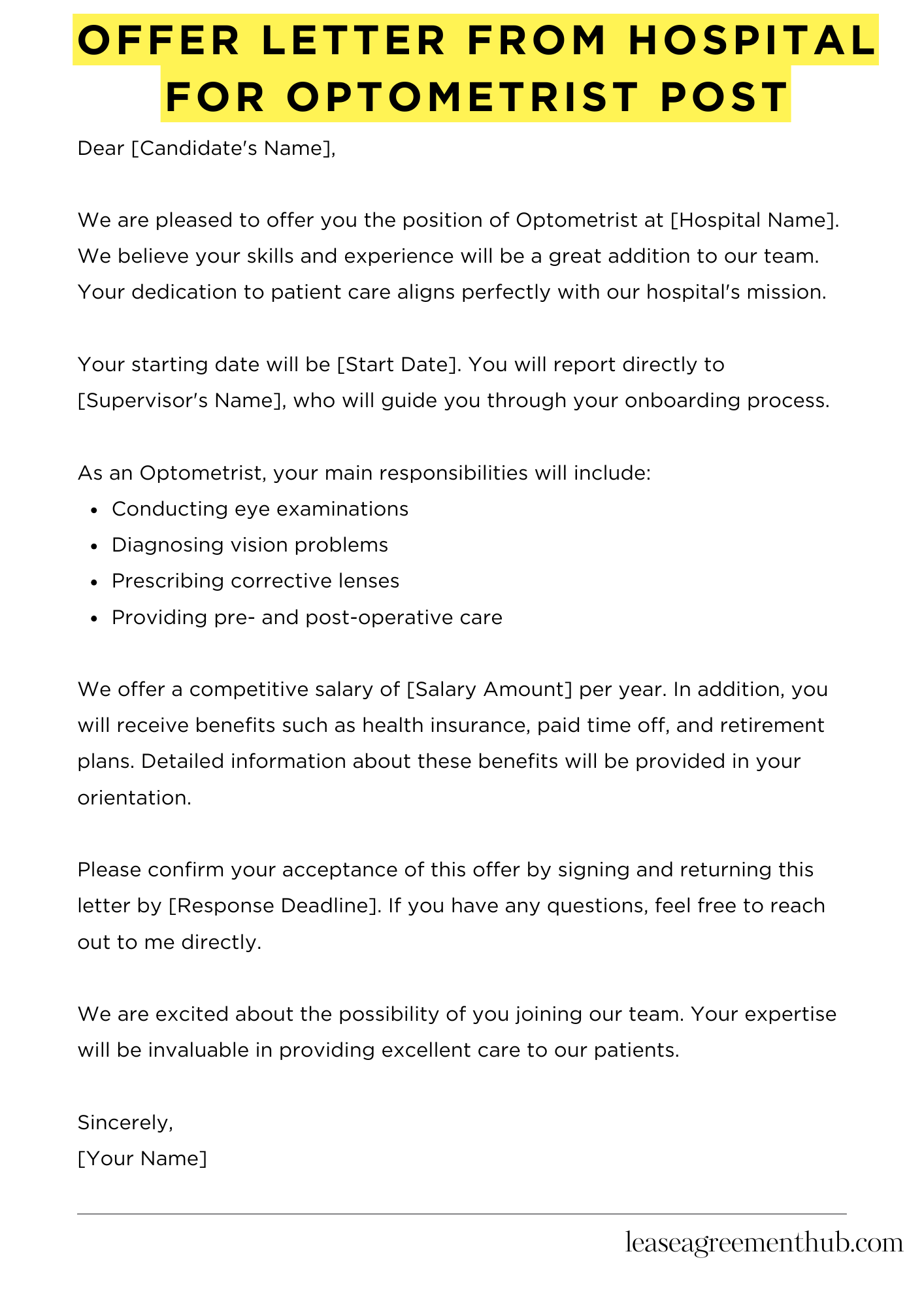 Offer Letter From Hospital For Optometrist Post