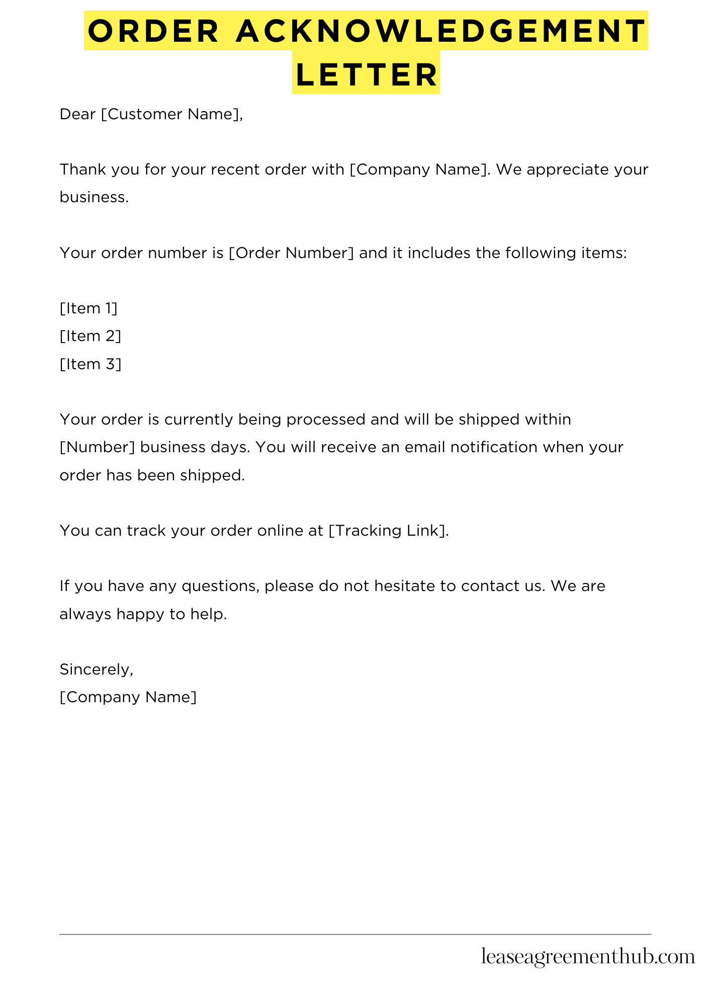 Order Acknowledgement Letter