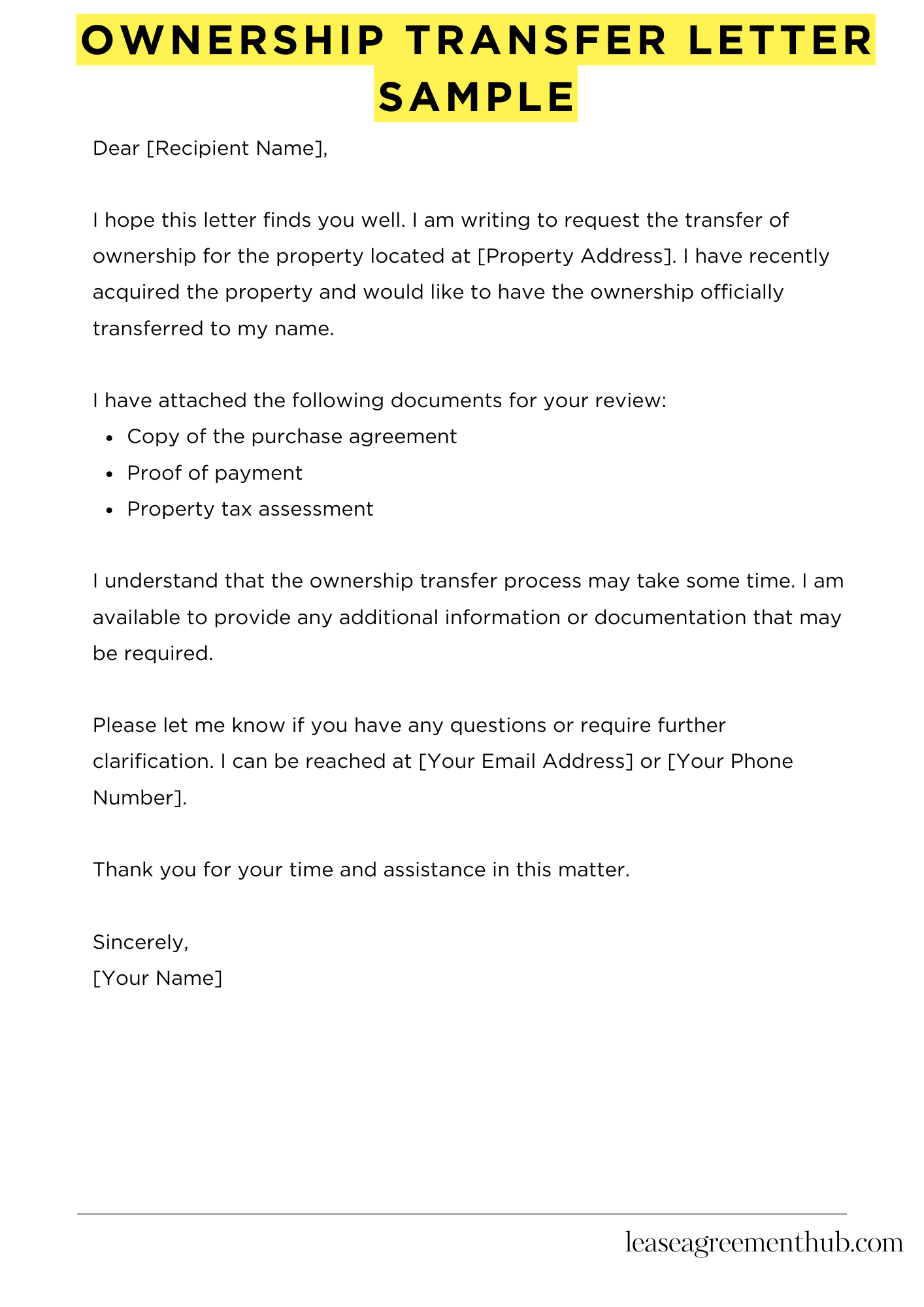 Ownership Transfer Letter Sample