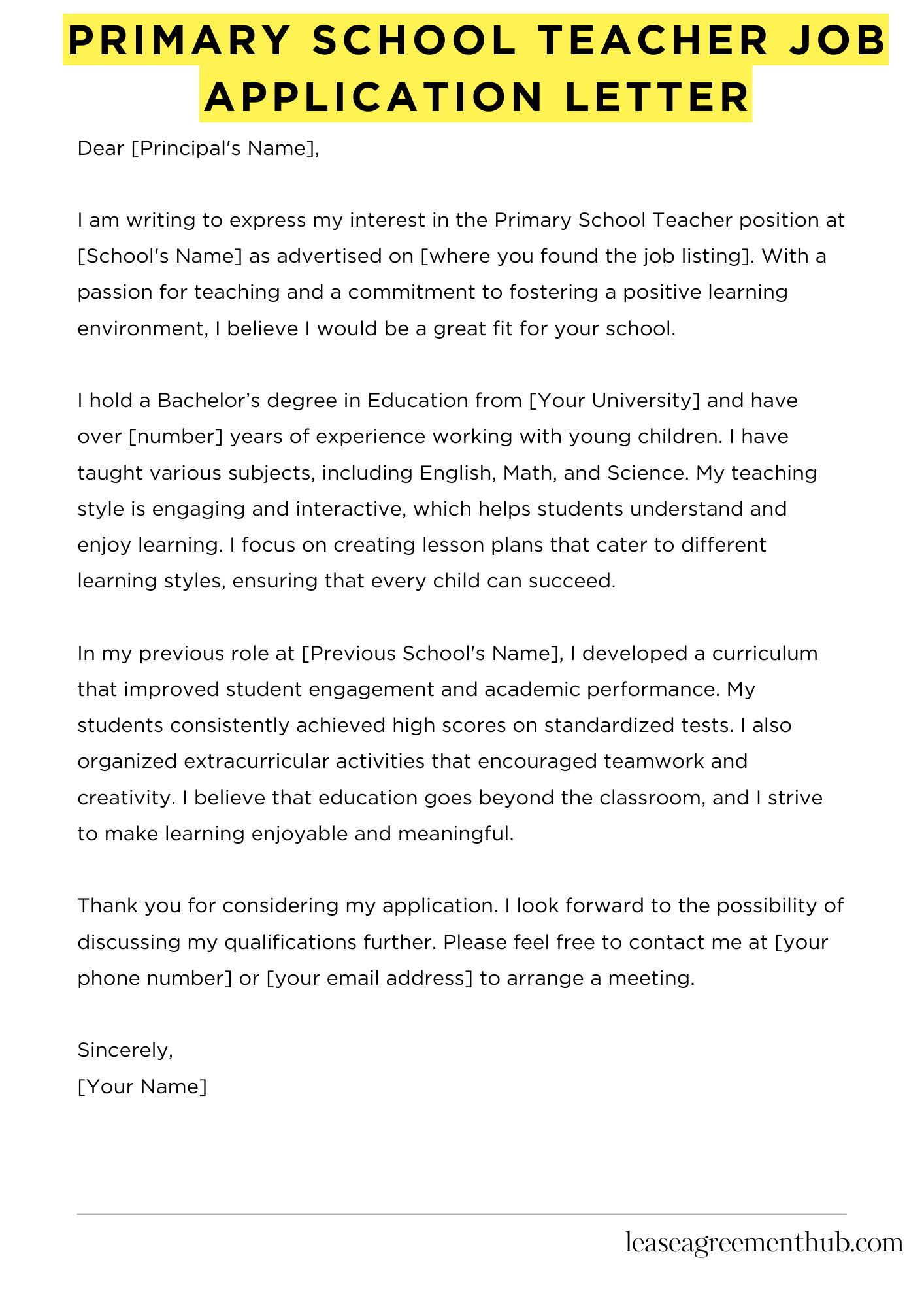 Primary School Teacher Job Application Letter