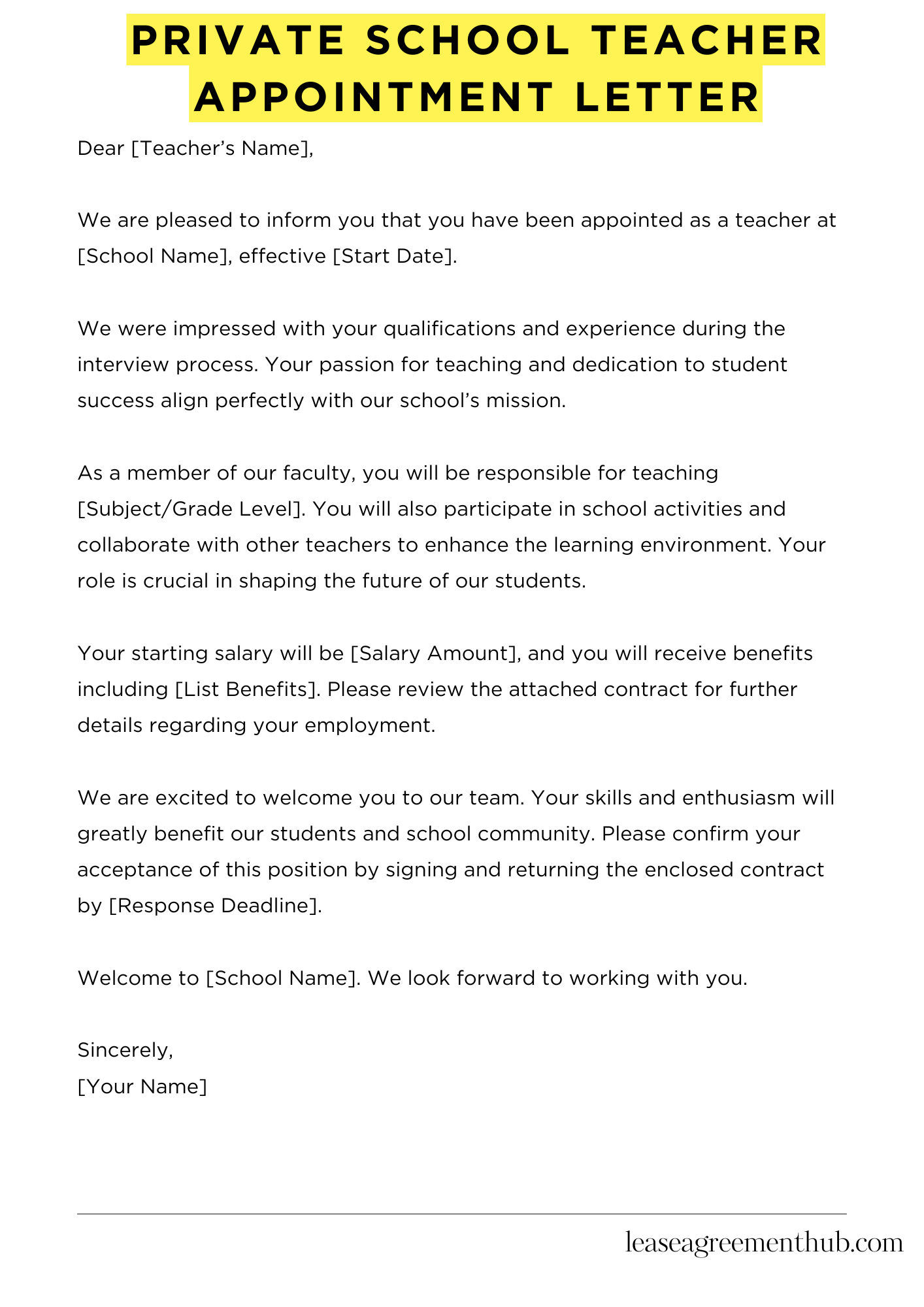 Private School Teacher Appointment Letter