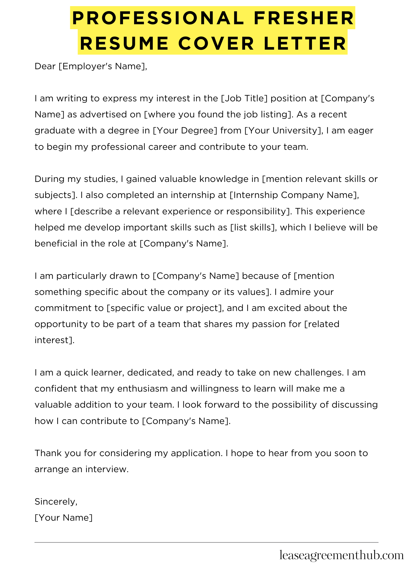 Professional Fresher Resume Cover Letter