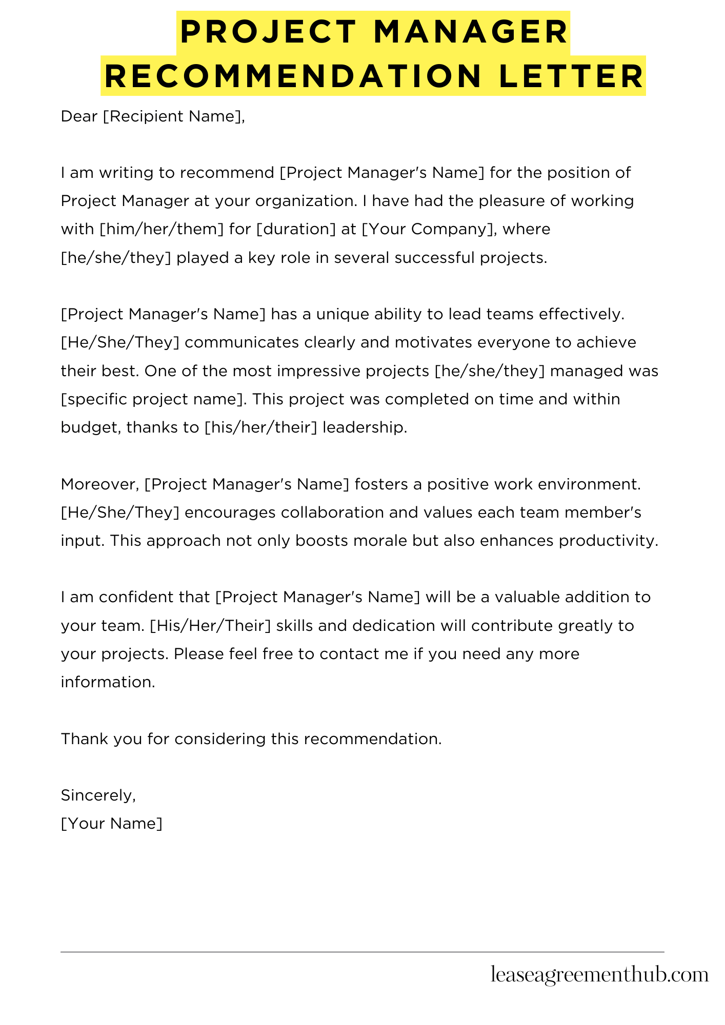 Project Manager Recommendation Letter