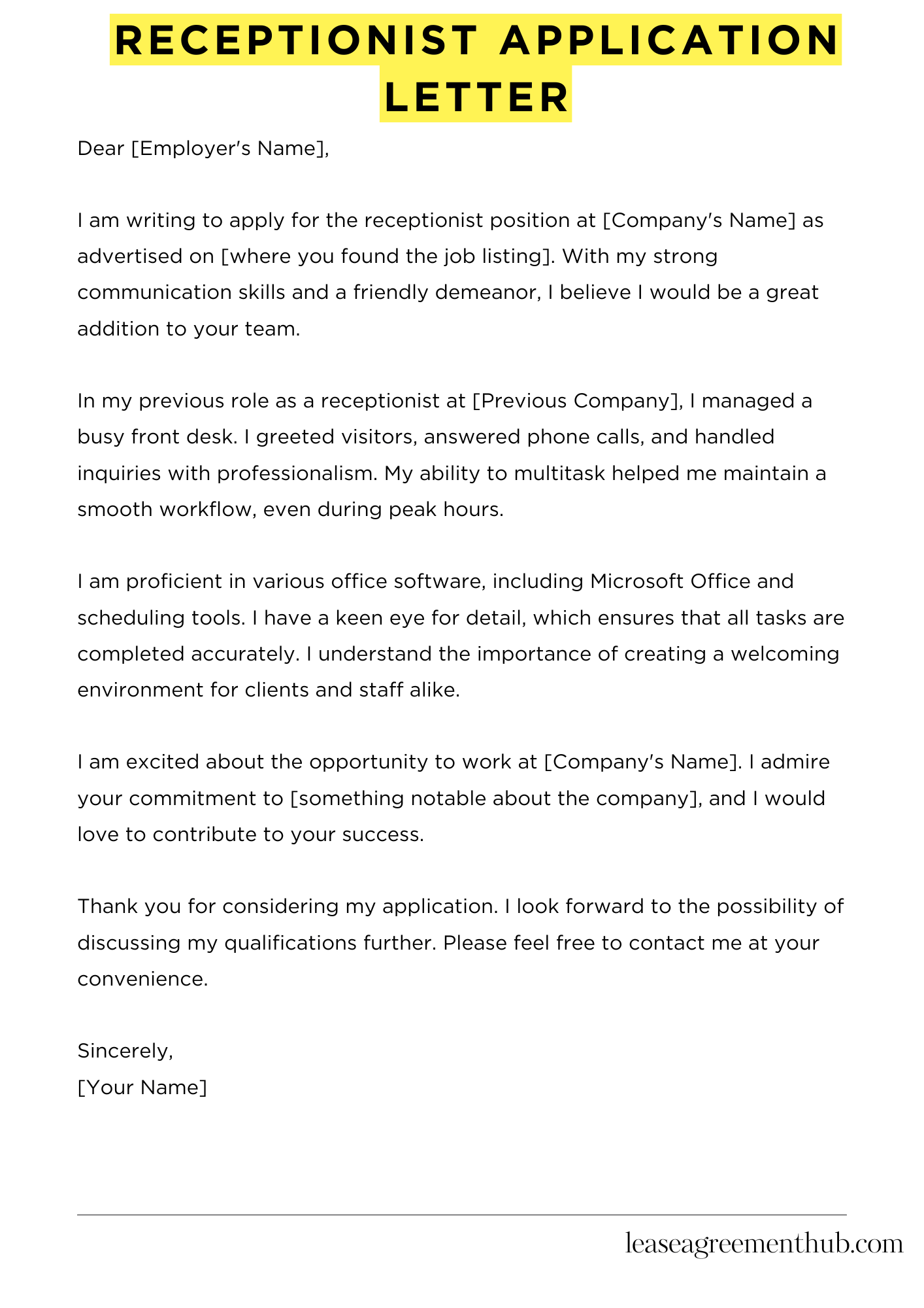 Receptionist Application Letter