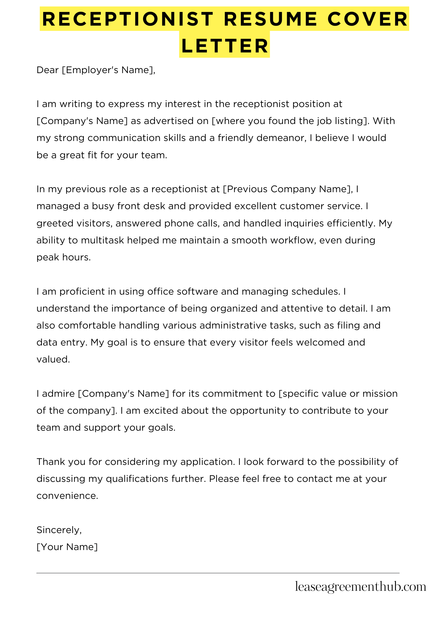 Receptionist Resume Cover Letter