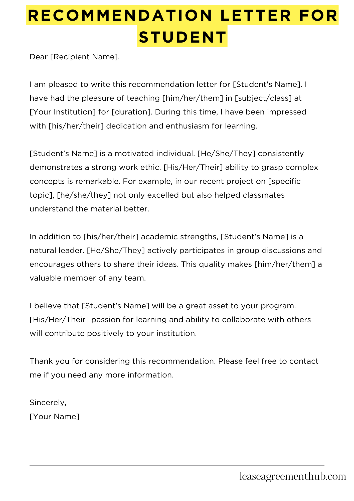 Recommendation Letter For Student