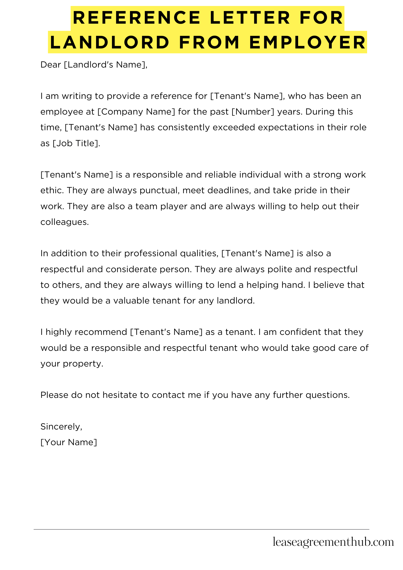 Reference Letter For Landlord From Employer