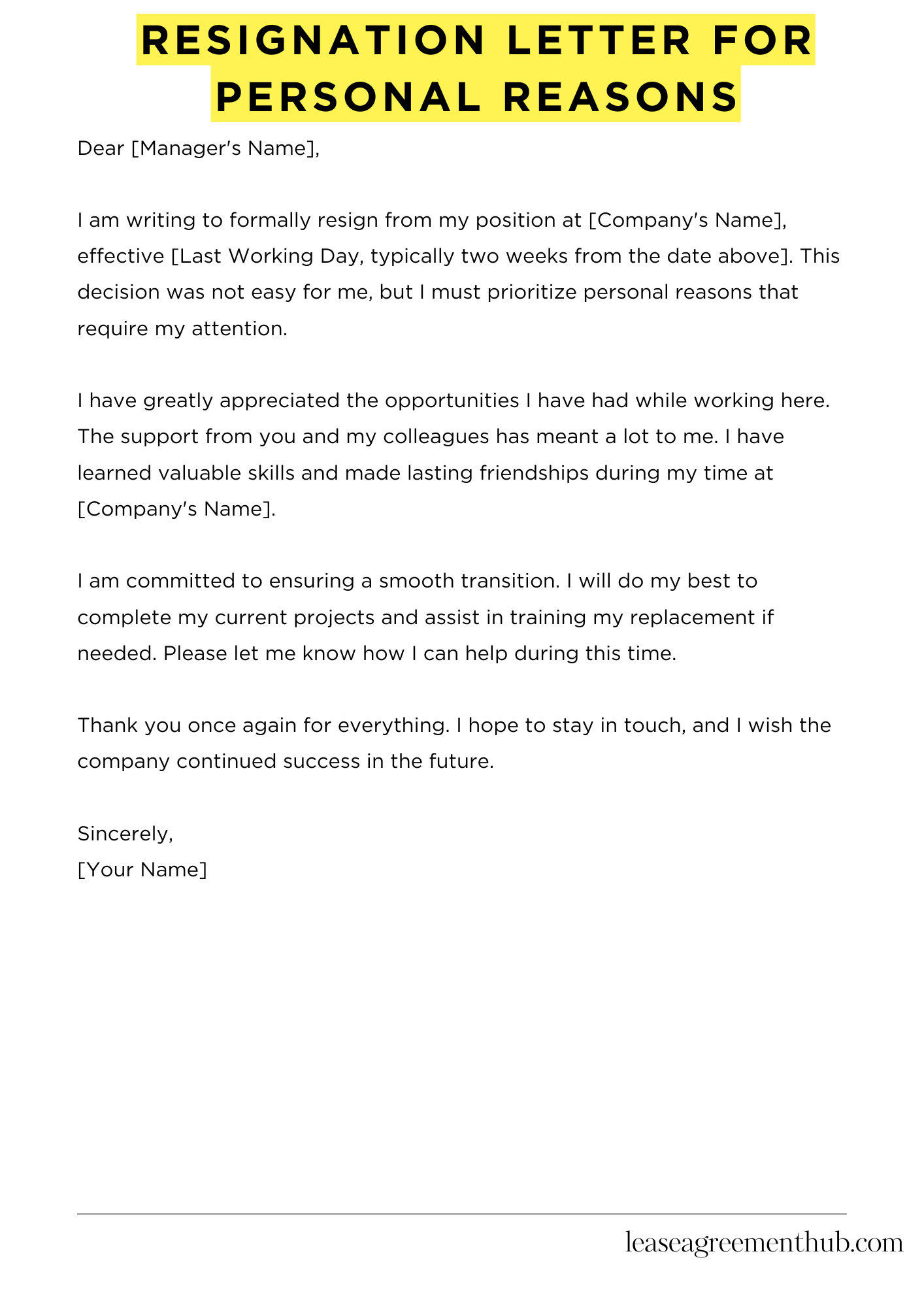 Resignation Letter For Personal Reasons