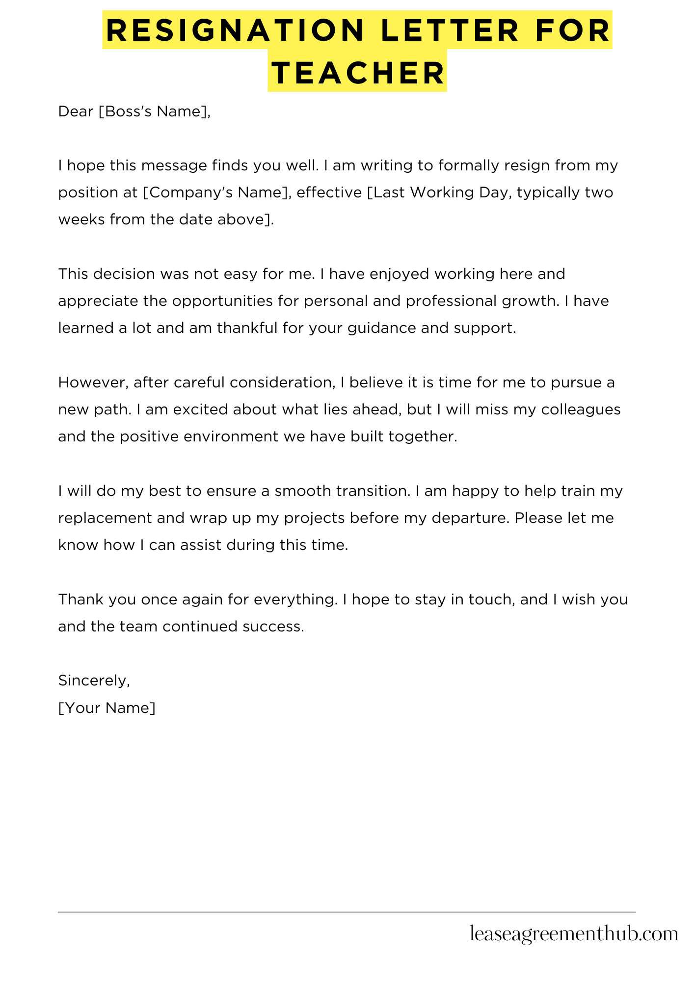 Resignation Letter For Teacher