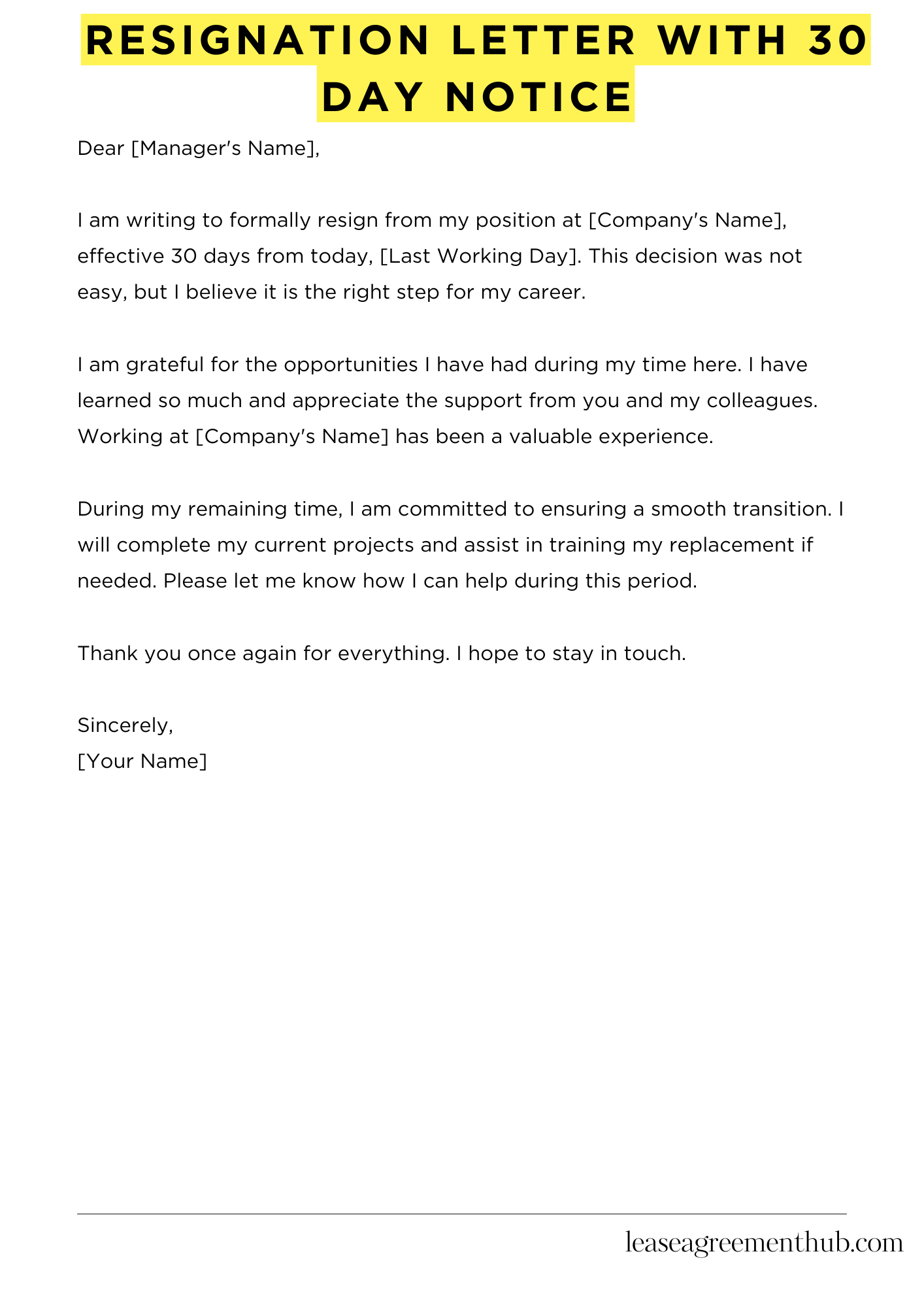 Resignation Letter With 30 Day Notice