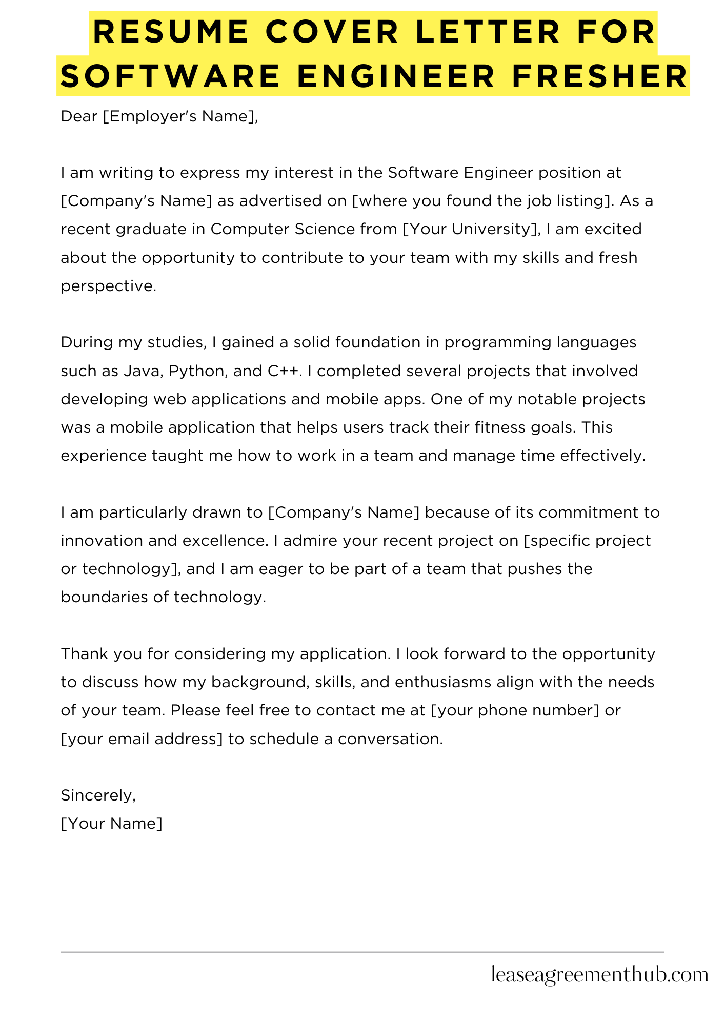 Resume Cover Letter For Software Engineer Fresher