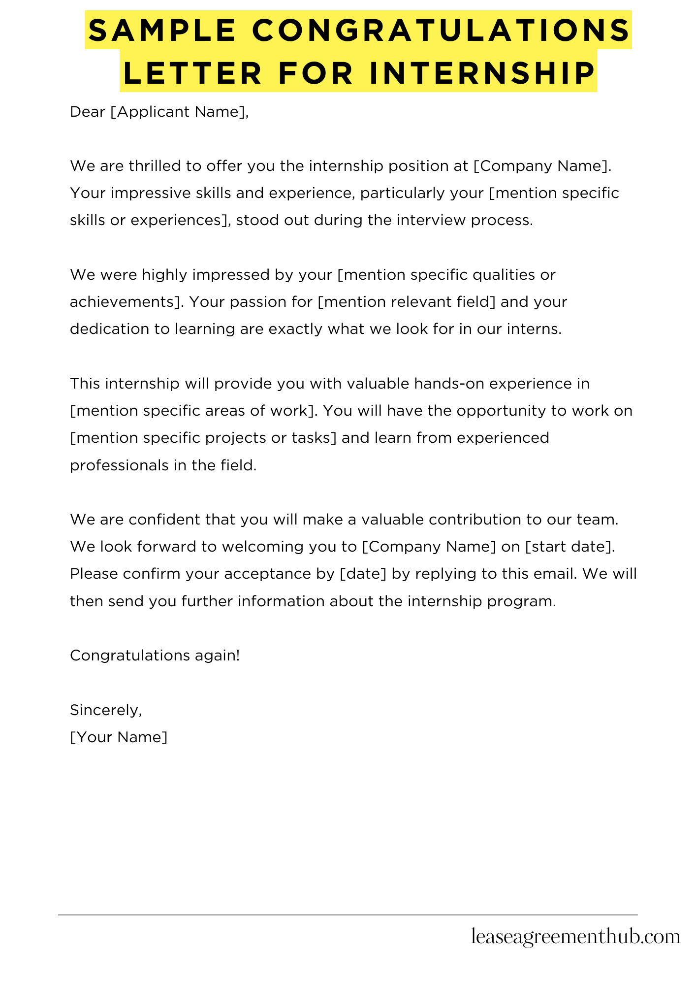 Sample Congratulations Letter For Internship