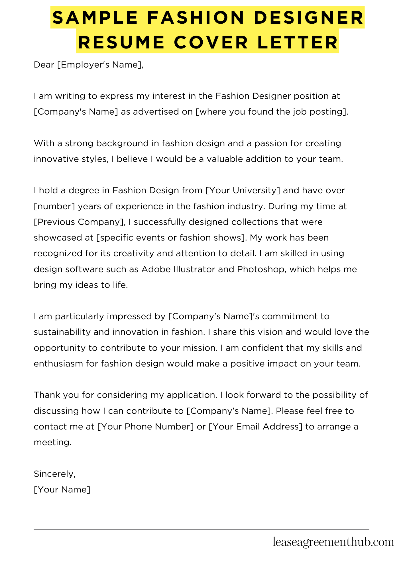 Sample Fashion Designer Resume Cover Letter