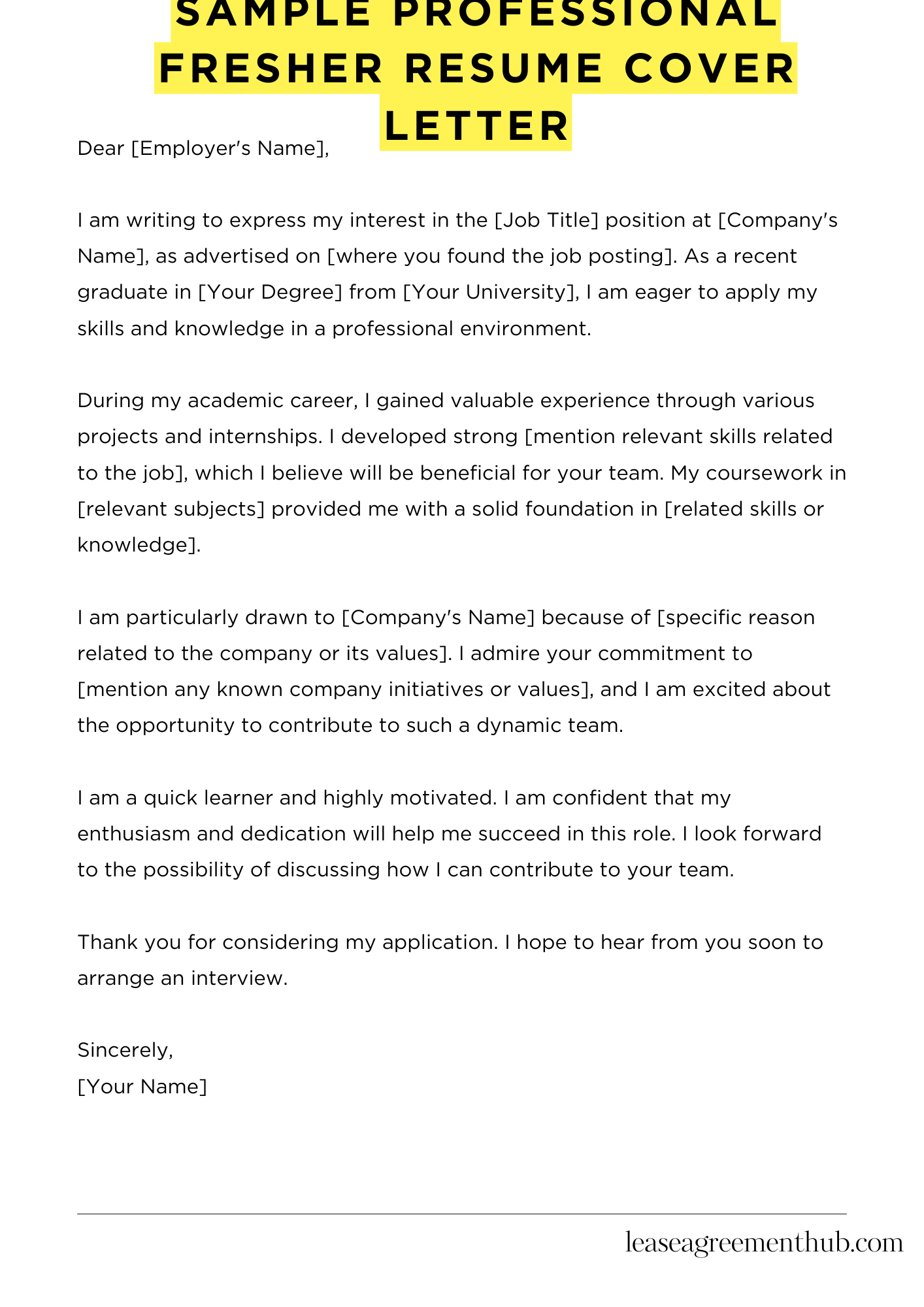 Sample Professional Fresher Resume Cover Letter